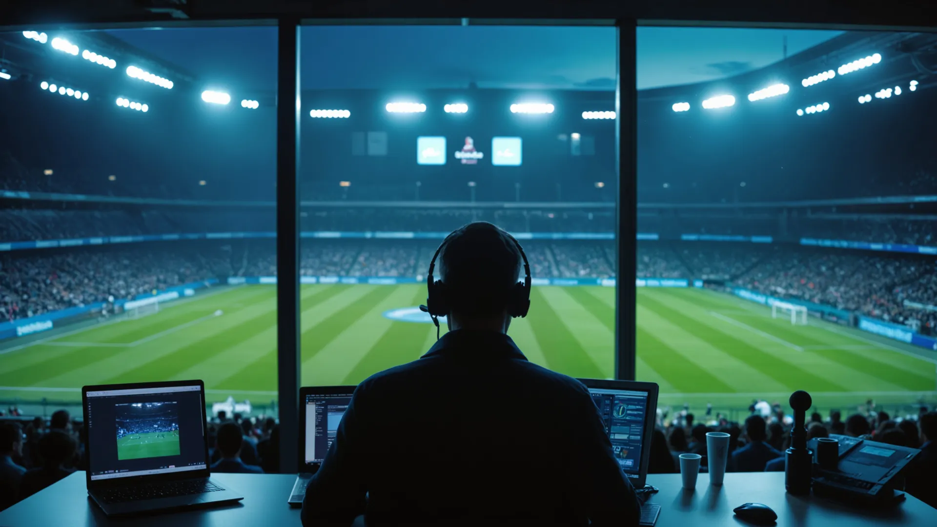 Broadcaster wearing headphones working with multiple screens overlooking a brightly lit football stadium at night