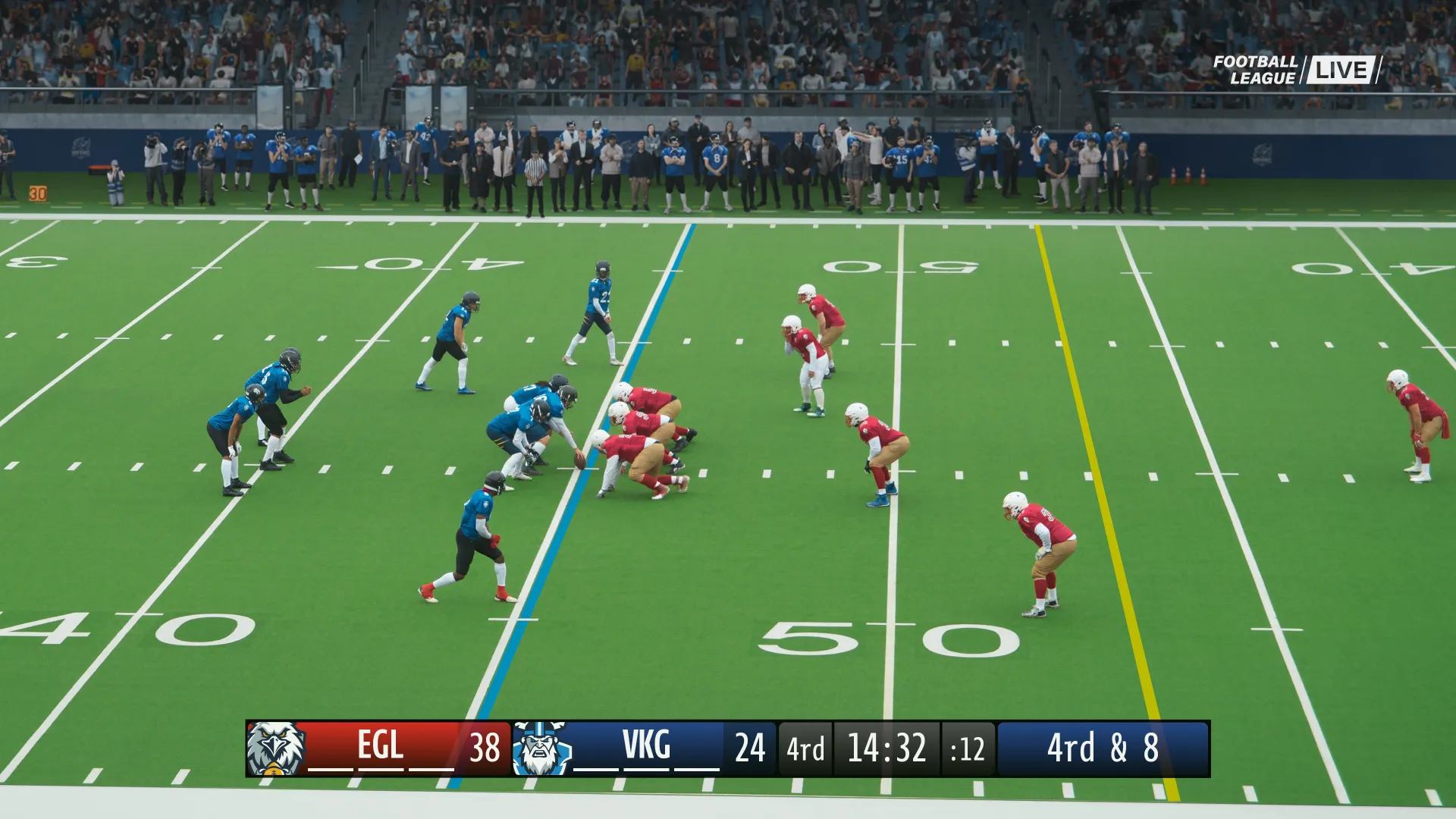 American football game in progress with two teams lined up on the field, score and game details visible