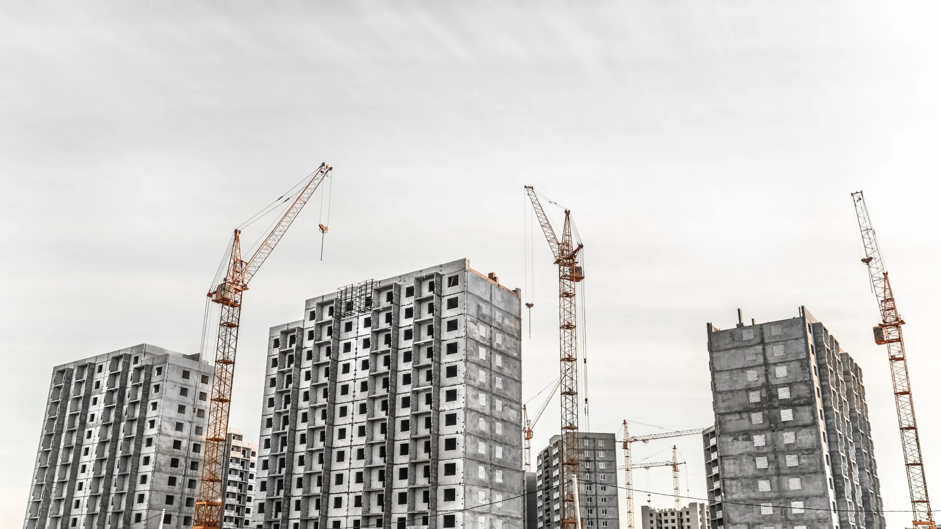 a group of cranes next to a building under construction