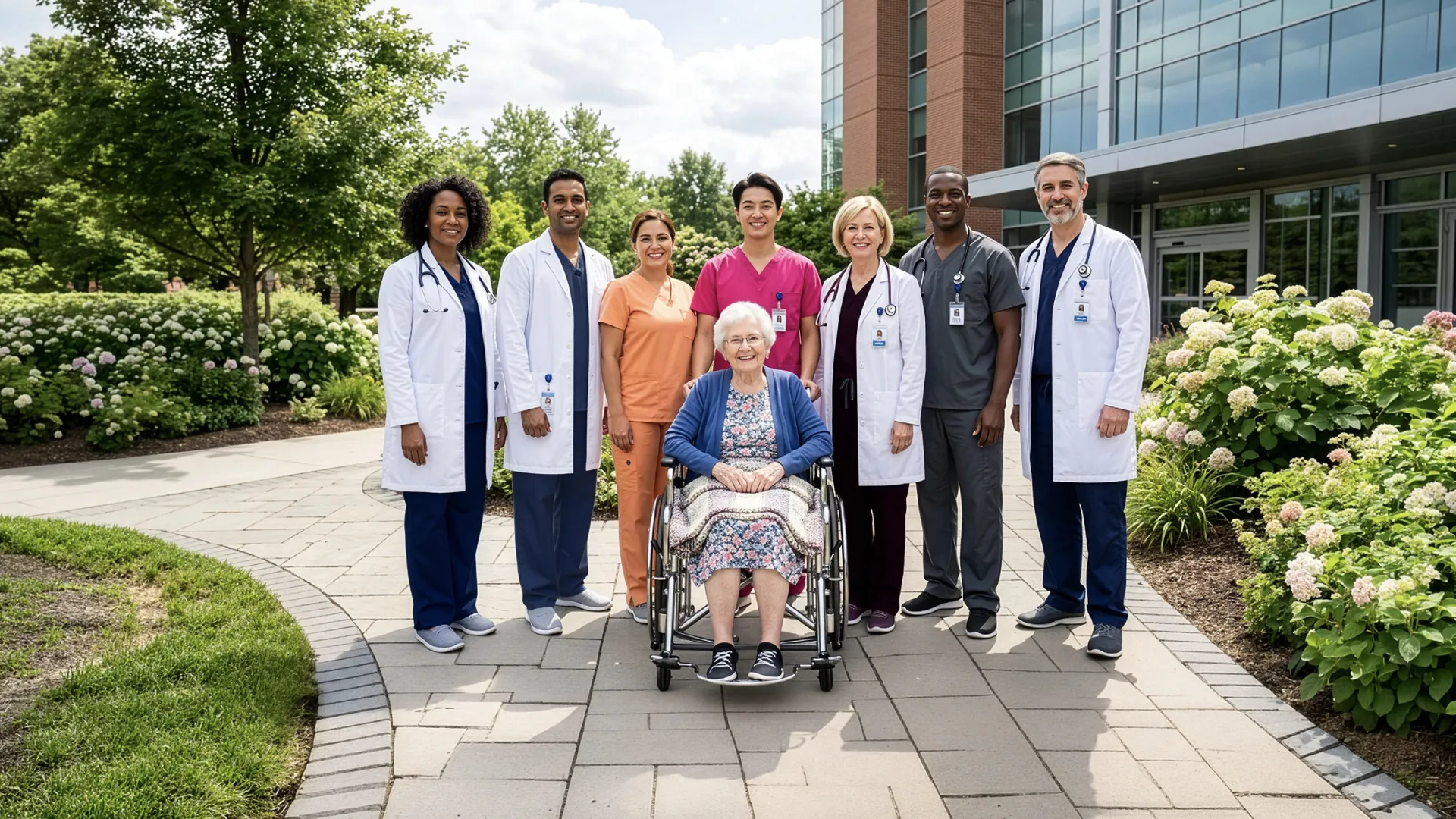 Diverse medical team standing outdoors around a smiling elderly woman in wheelchair near hospital entrance.