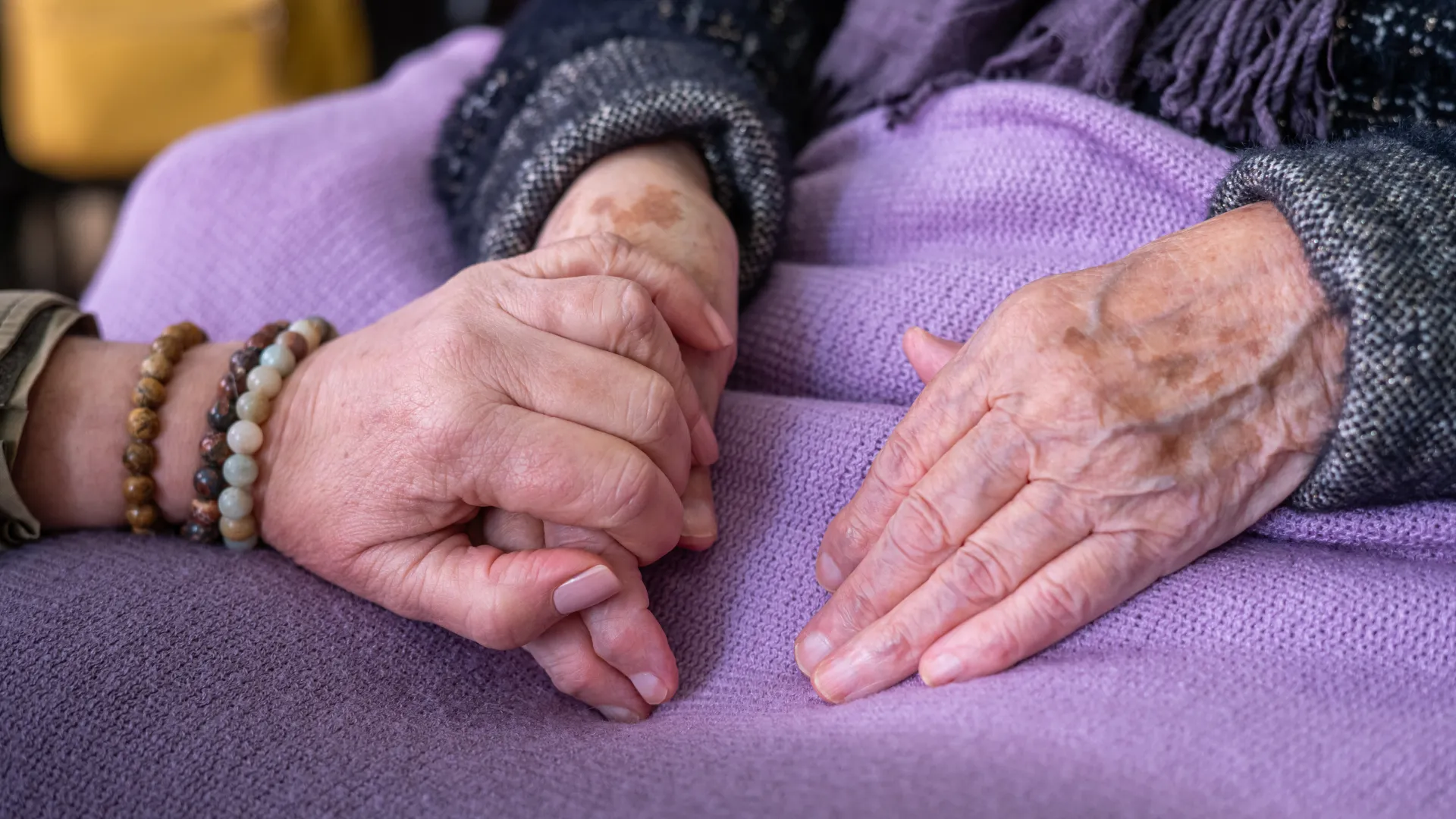 Close-up of two elderly hands holding each other over a purple blanket, conveying care and support.