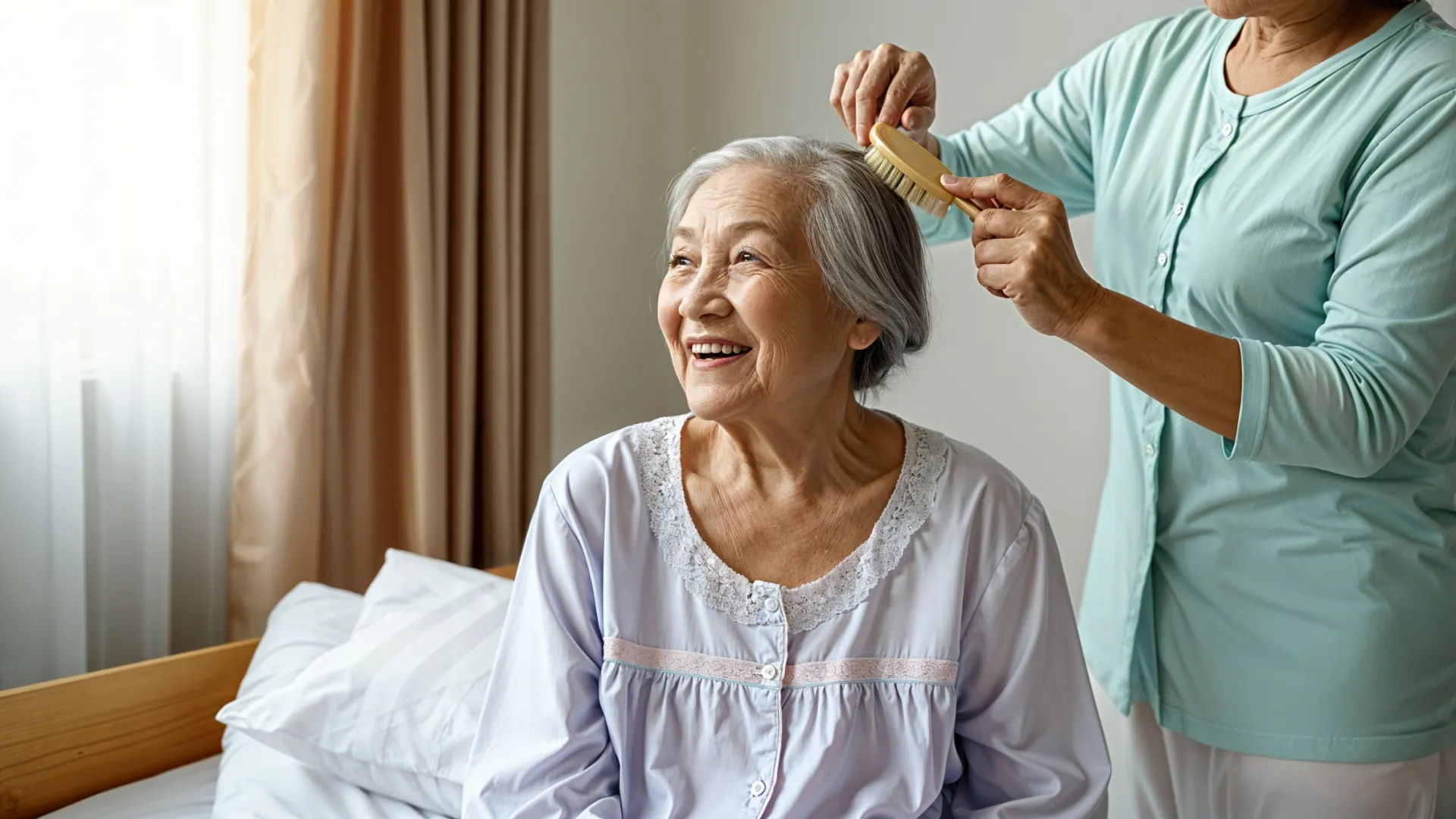 Elderly woman smiling while another person gently brushes her hair in a cozy, sunlit room.