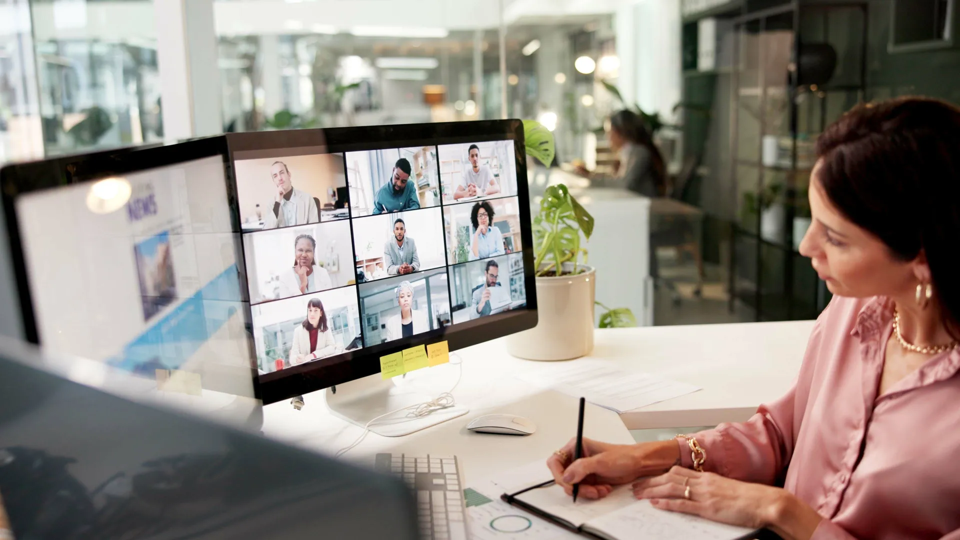 Professional woman attending a video conference with multiple participants on screen.