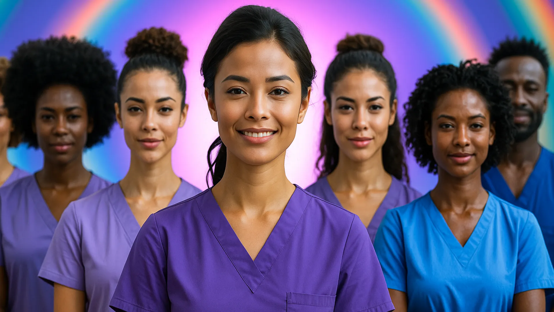 Diverse group of smiling healthcare professionals in scrubs standing confidently against a vibrant background.