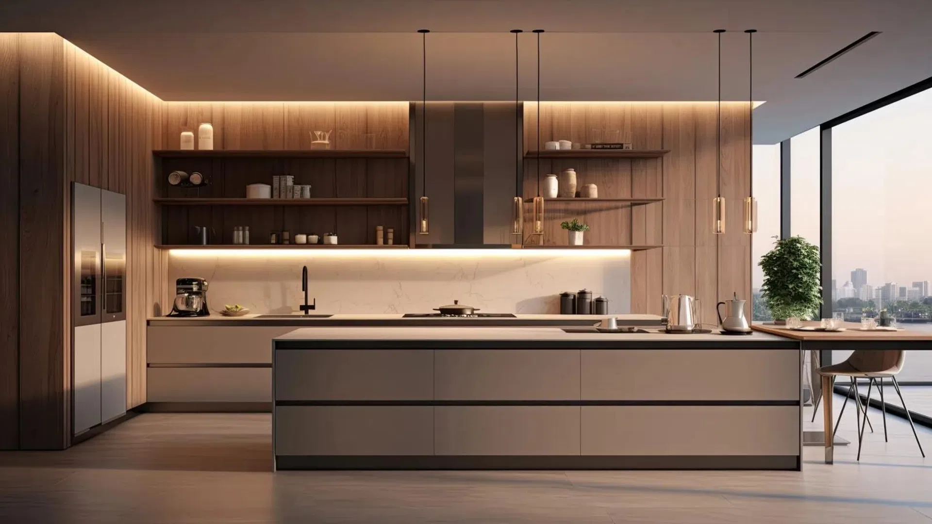 Modern kitchen with wooden cabinets, large island, pendant lights, and city view through floor-to-ceiling windows