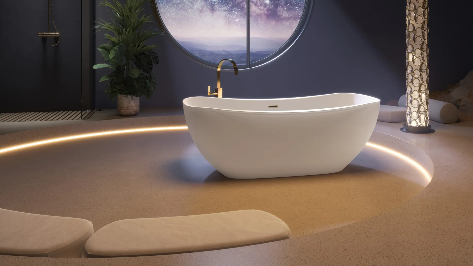Modern bathroom with white freestanding bathtub, round window showing starry night sky, and ambient lighting.
