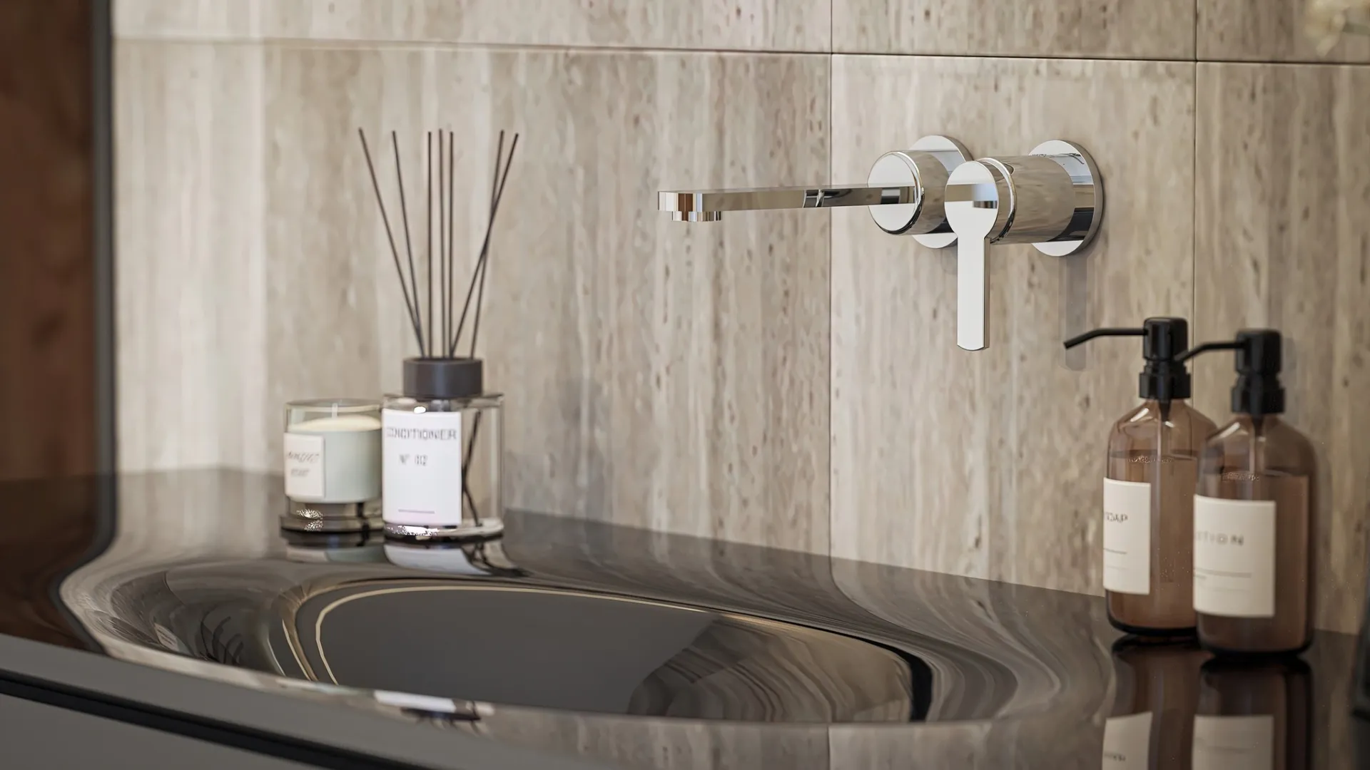 Modern bathroom sink with black basin, wall-mounted chrome faucet, candles, reed diffuser, and soap dispensers.