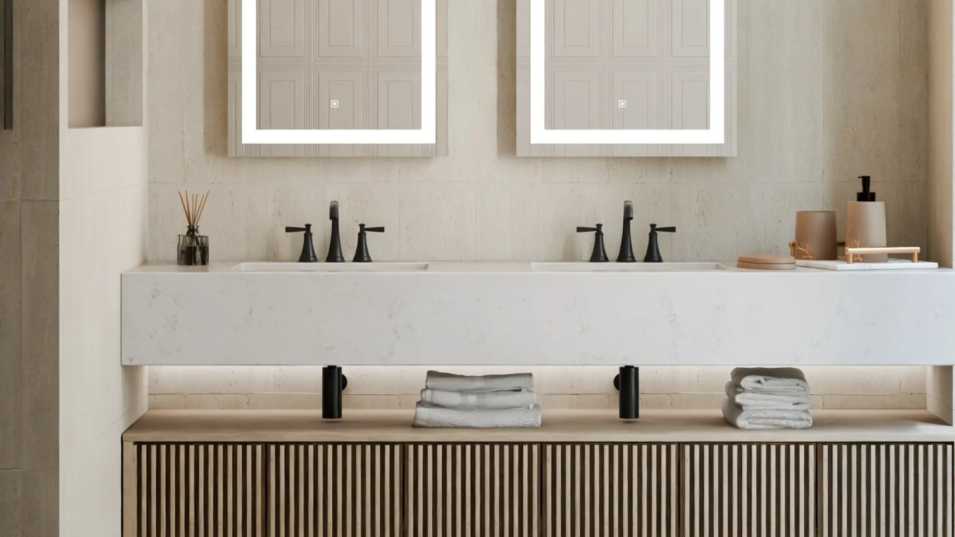 Modern bathroom with double sinks, wall-mounted wooden vanity, LED mirrors, and neutral beige tones