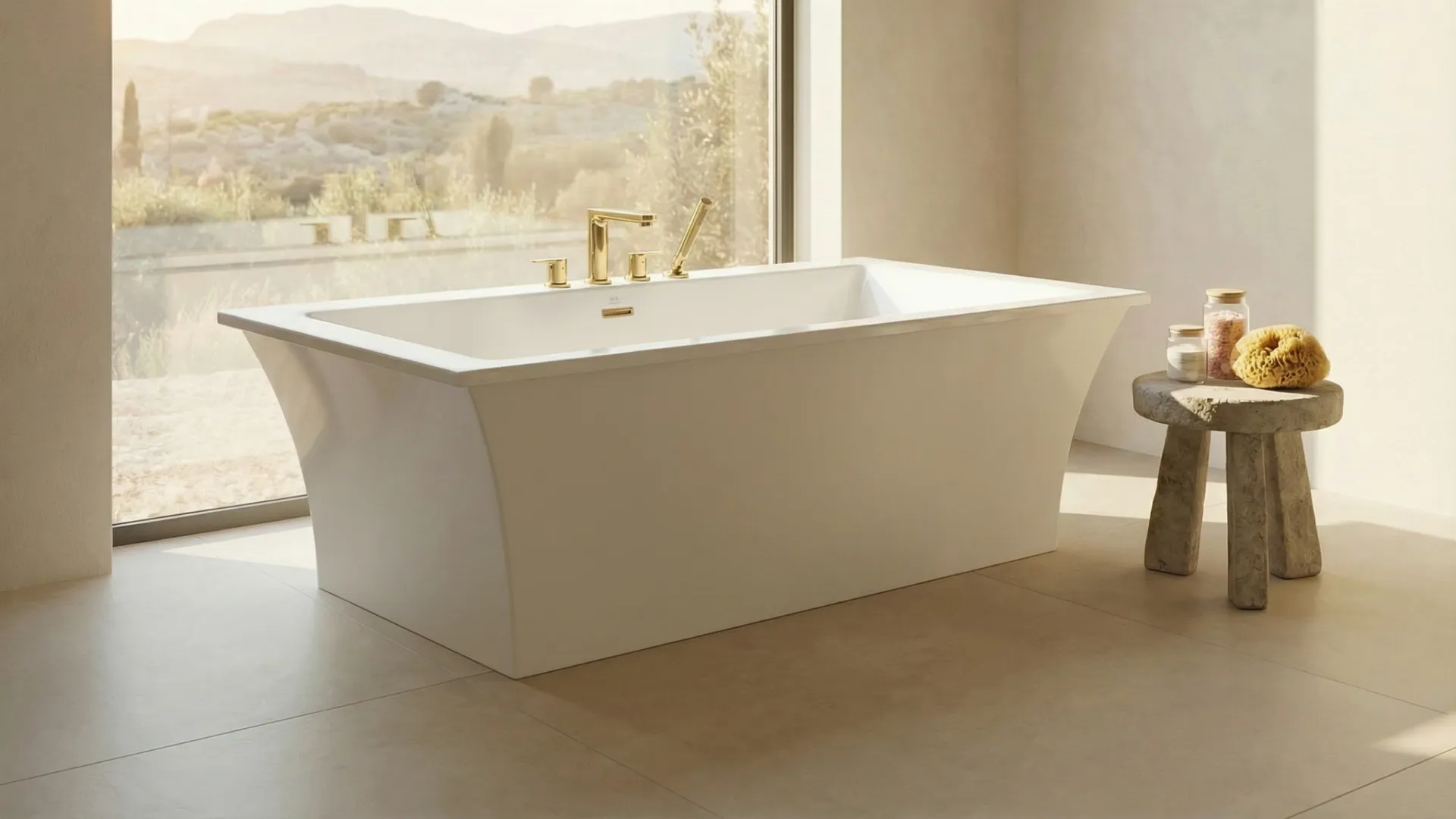 Modern white freestanding bathtub with gold fixtures next to a window overlooking a scenic landscape.