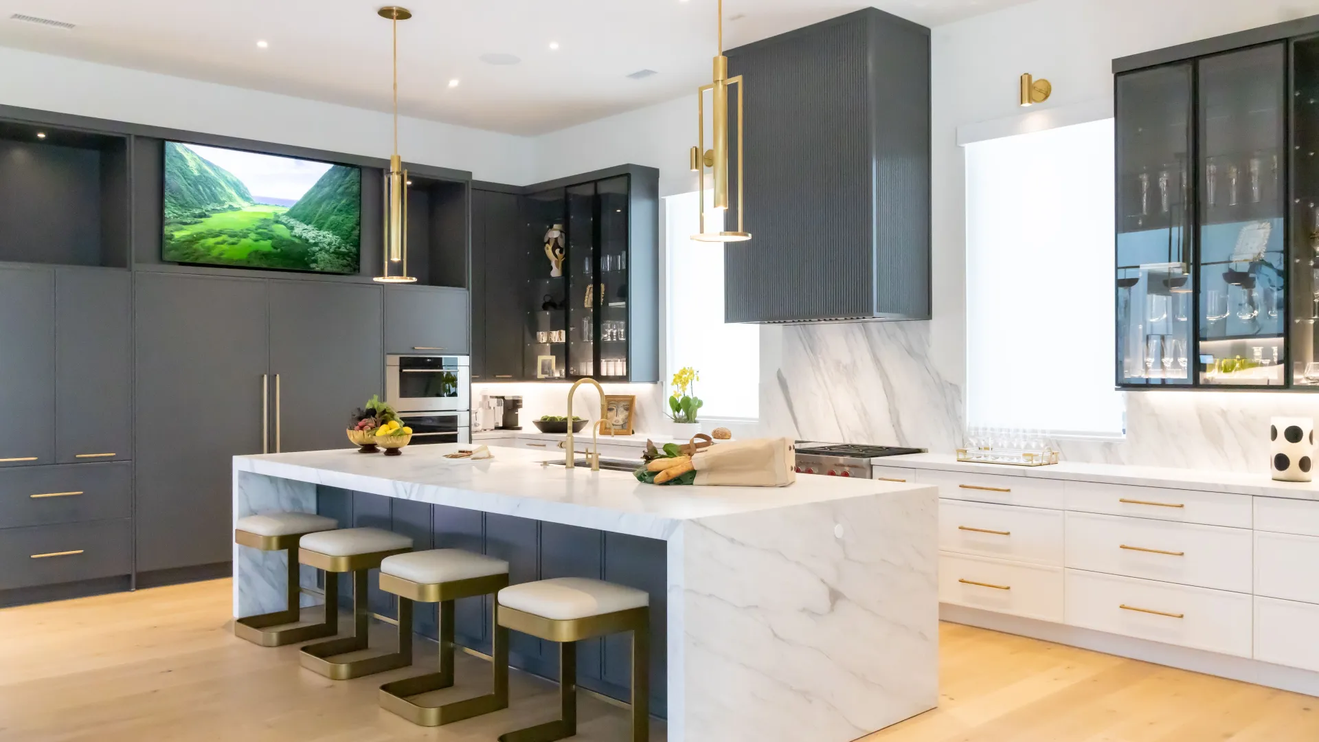 a kitchen with a bar and shelves