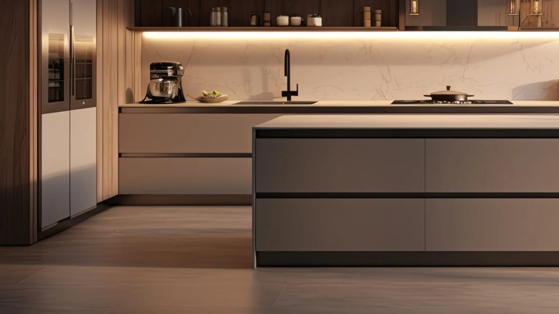 a kitchen with a large island