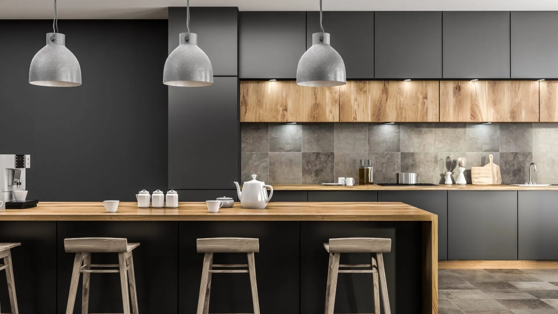 a kitchen with a bar and stools