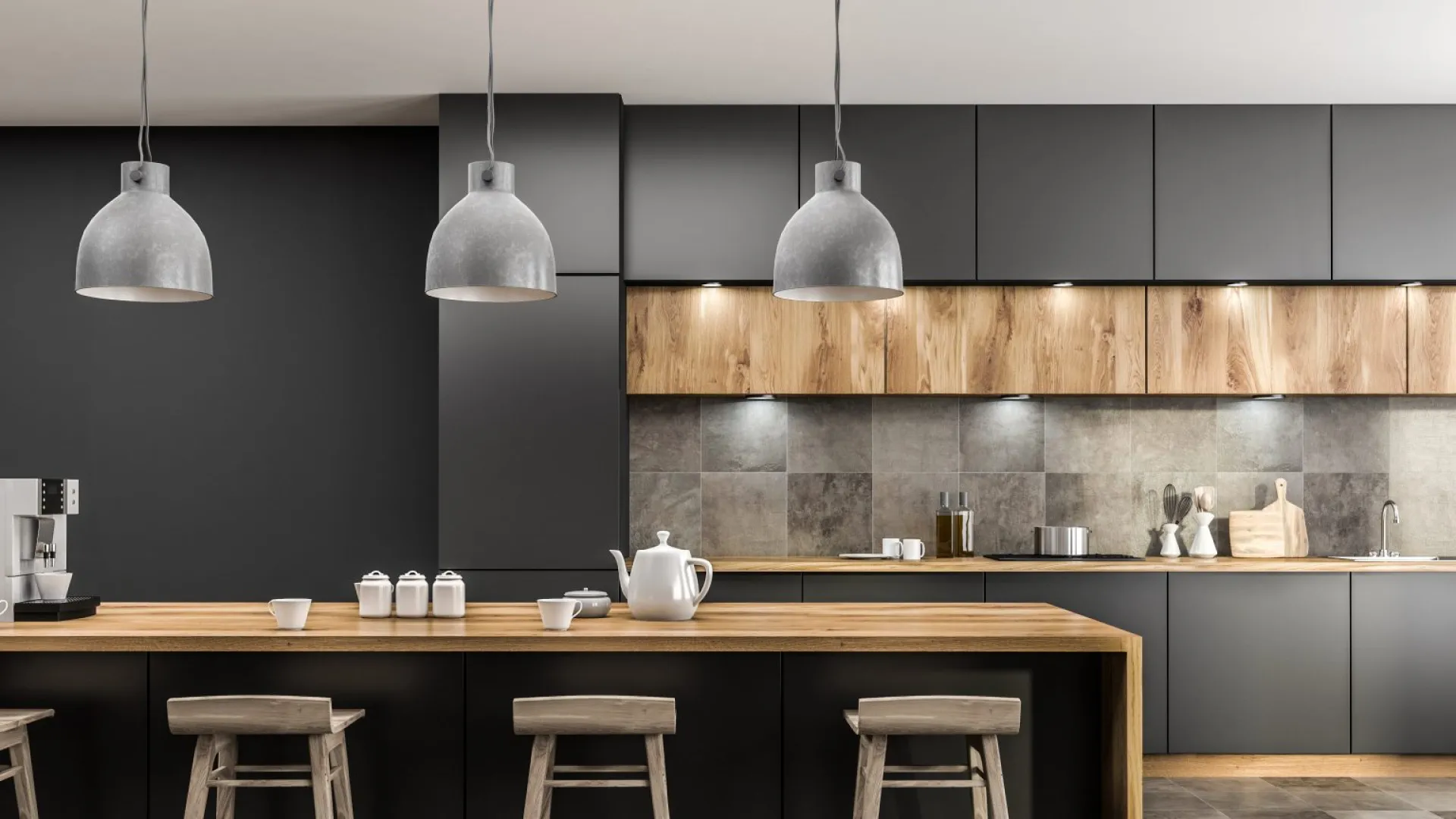 a kitchen with a bar and stools