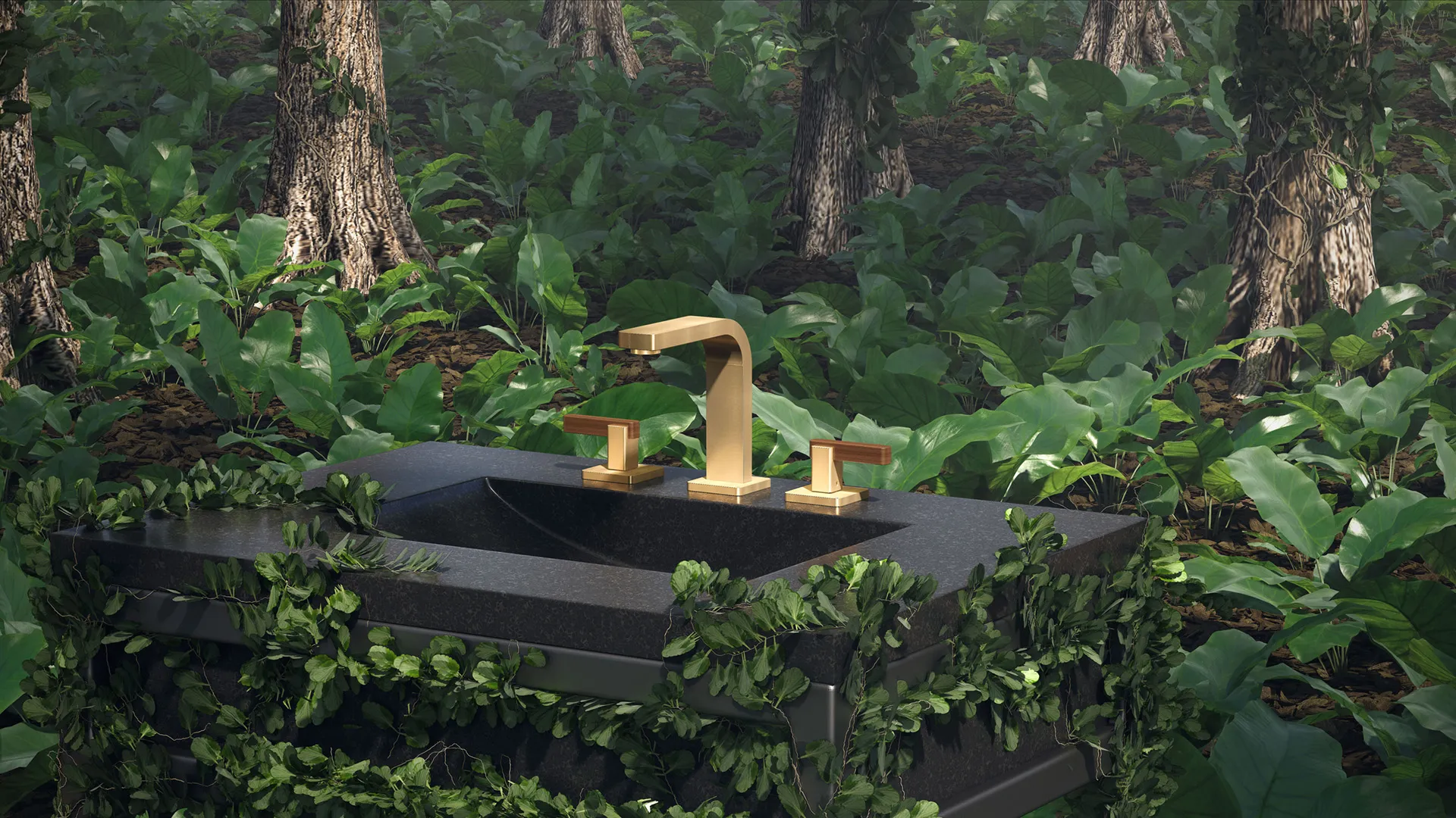 a garden with a fountain