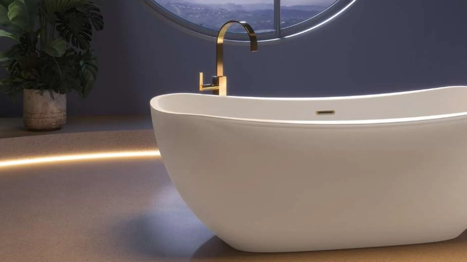 Modern freestanding bathtub in a dimly lit bathroom with circular window showing a starry night sky.