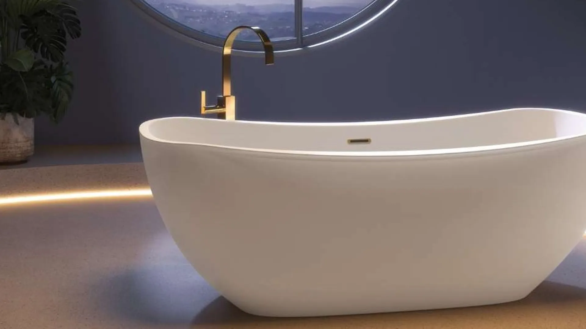 Modern freestanding bathtub in a dimly lit bathroom with circular window showing a starry night sky.