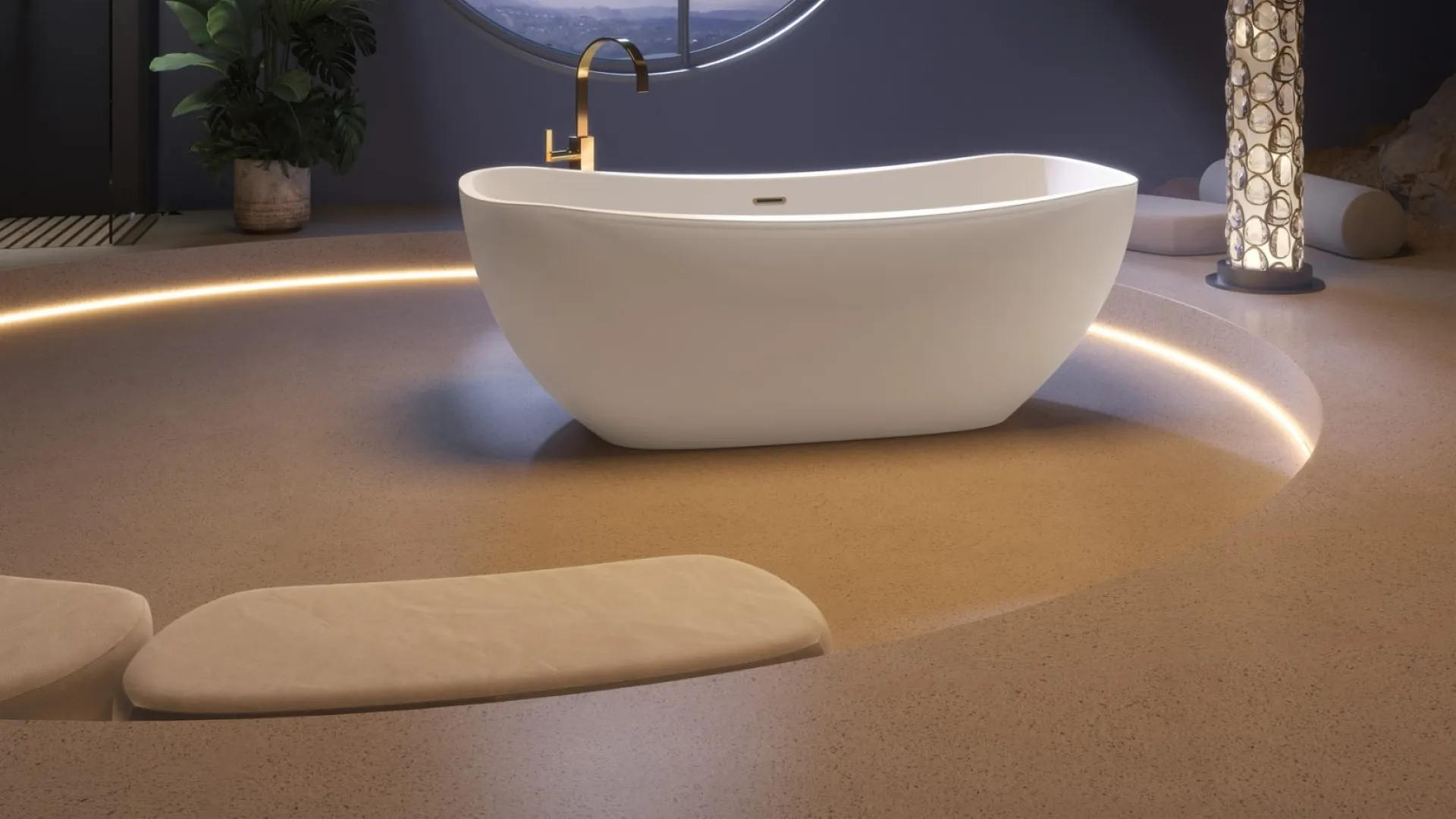 Modern bathroom with white freestanding bathtub, round window showing starry night sky, and ambient lighting.