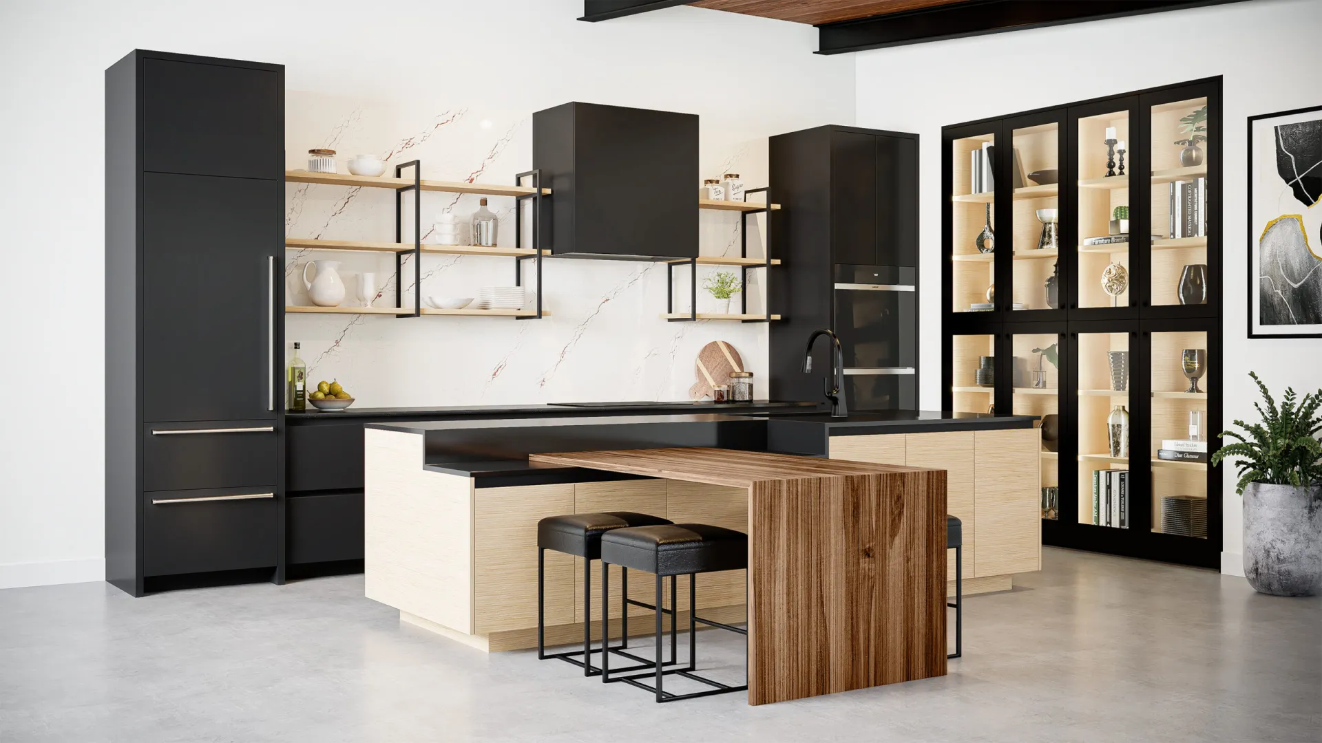 a kitchen with a bar and shelves