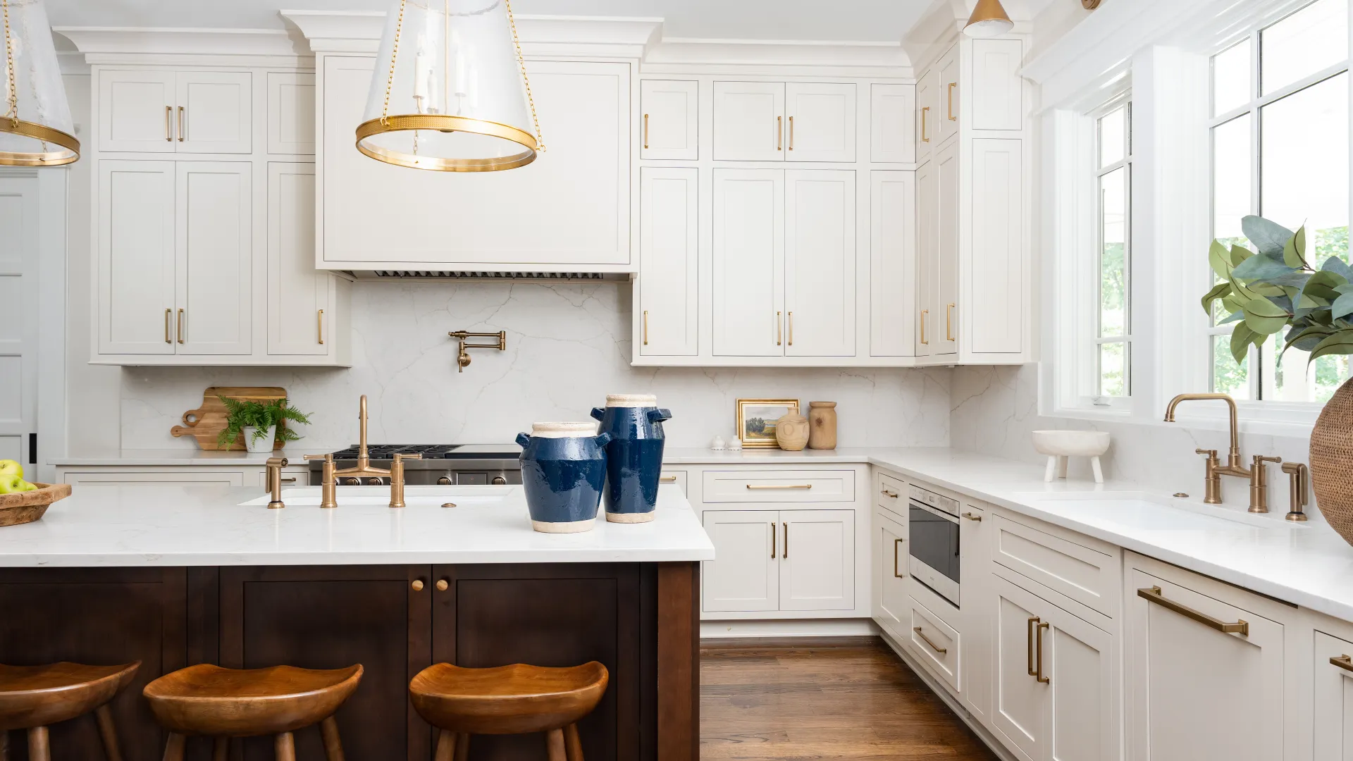 a kitchen with a bar and shelves