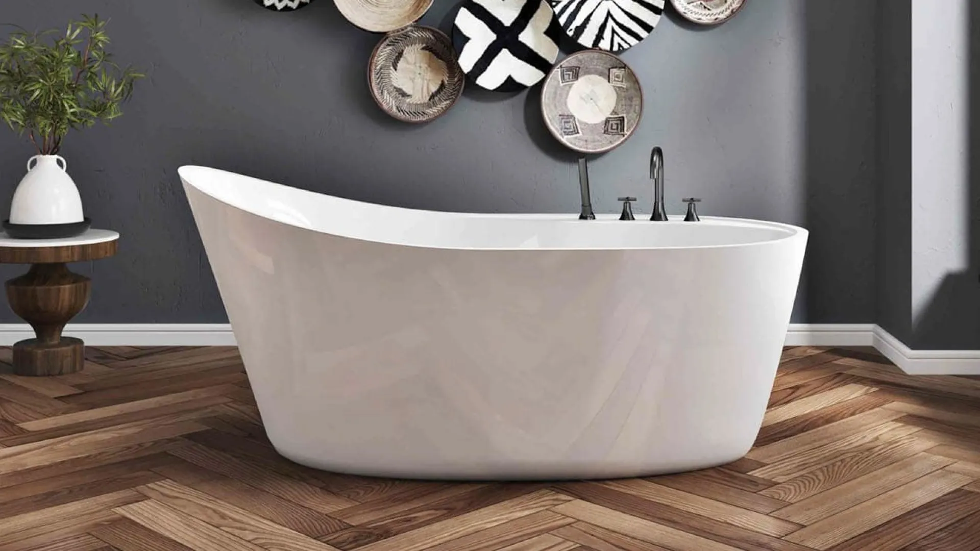 Modern bathroom with freestanding white bathtub, patterned basket wall art, and large window with plants.