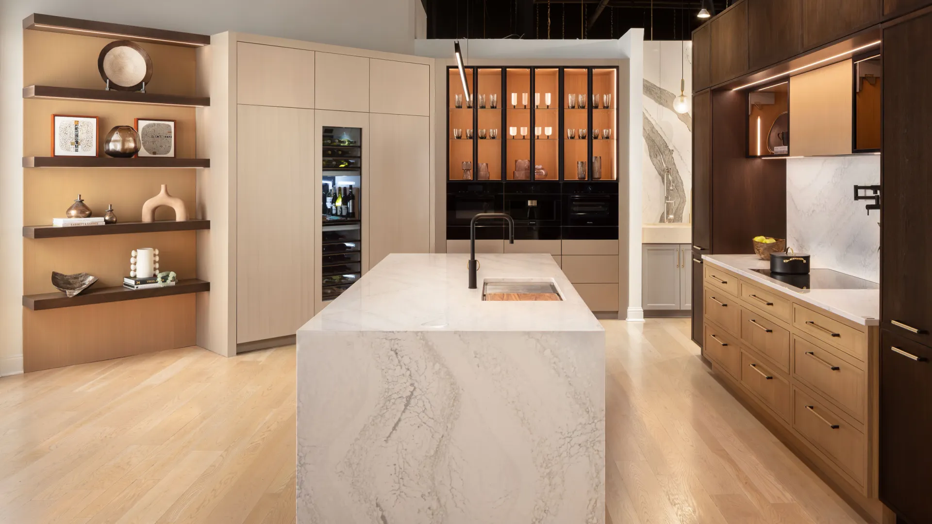 Contemporary kitchen design featuring an elegant marble island and stylish cabinetry.