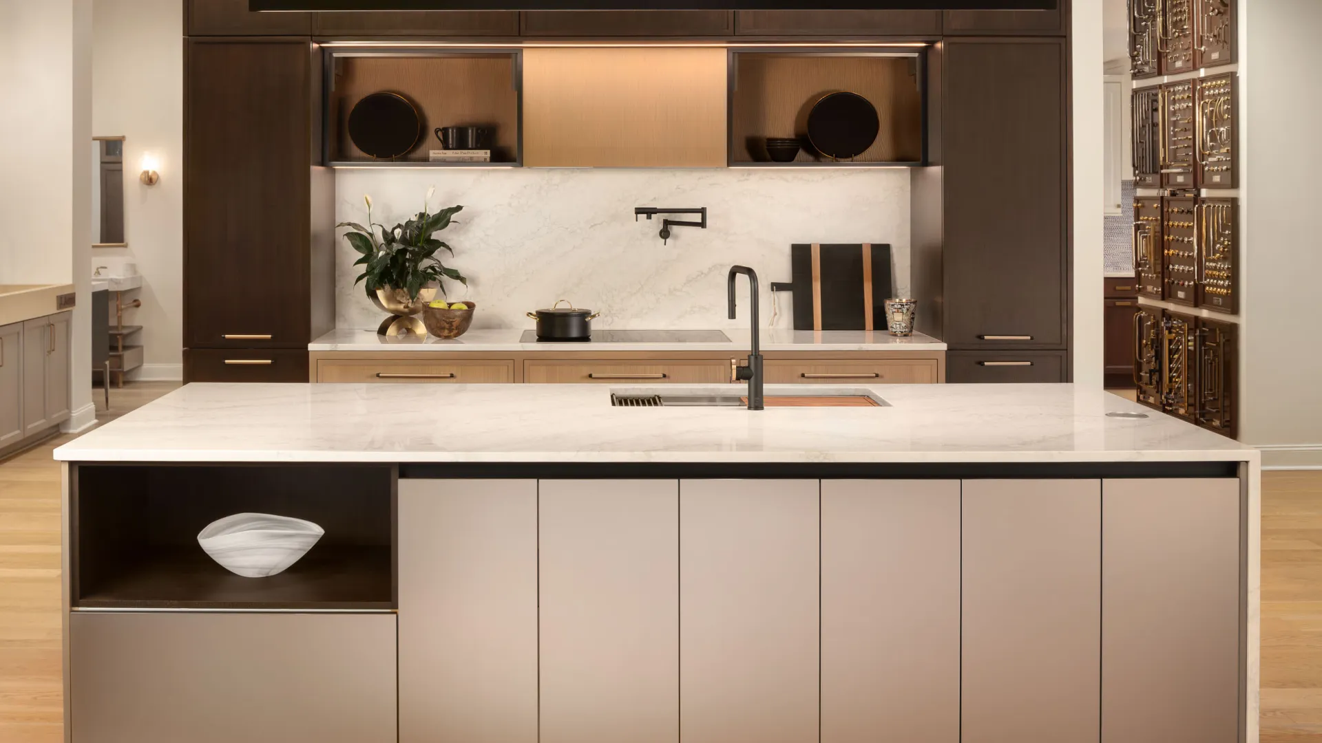 Modern kitchen with sleek cabinets, marble countertops, and stylish decor accents for an elegant touch.