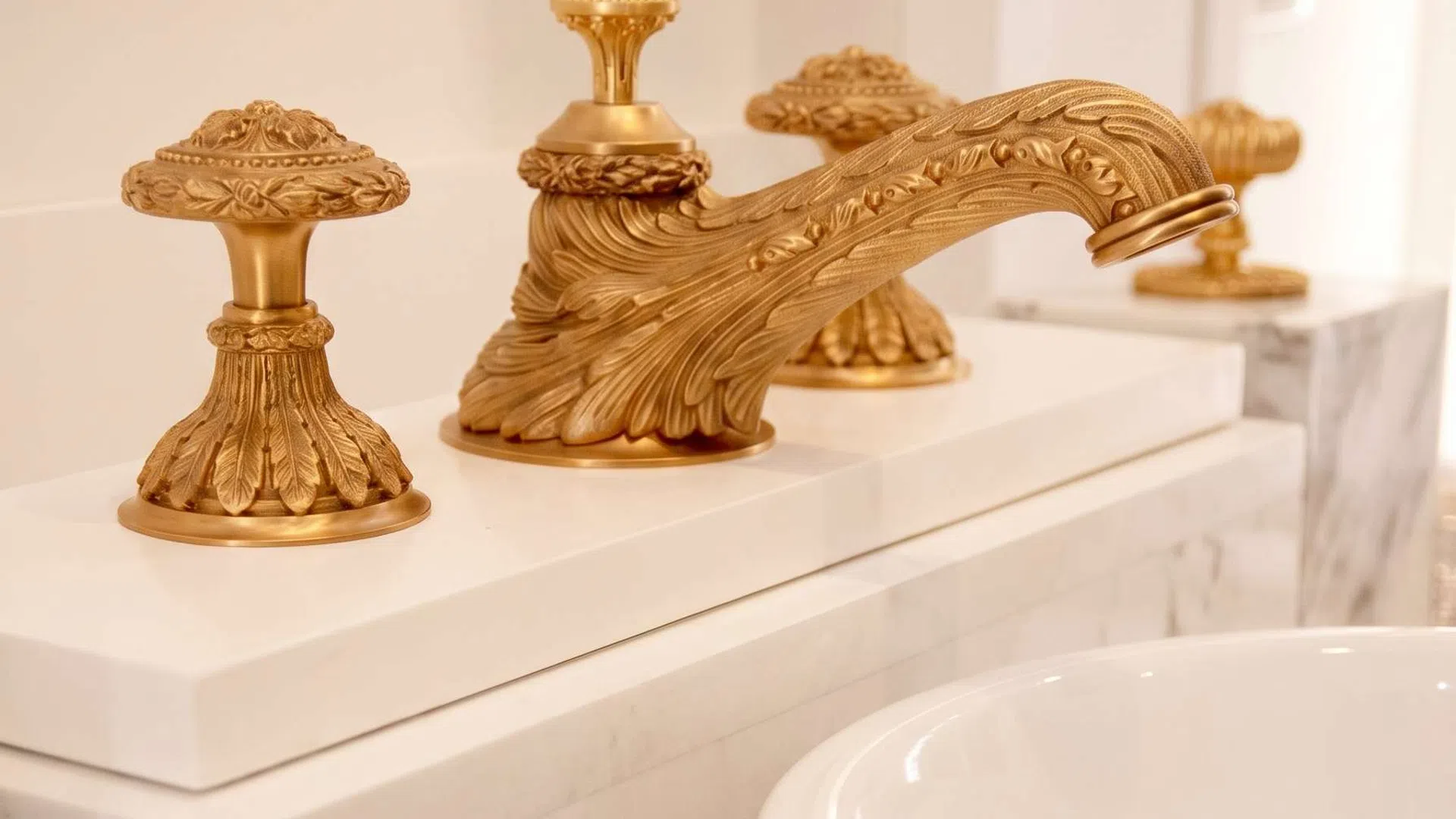 Ornate gold bathroom faucet and handles mounted on white marble with a decorative white ceramic sink.