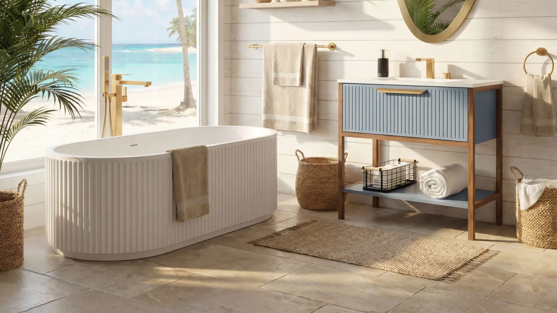 Modern beachside bathroom with freestanding tub, blue vanity, tropical plants, and ocean view through large window
