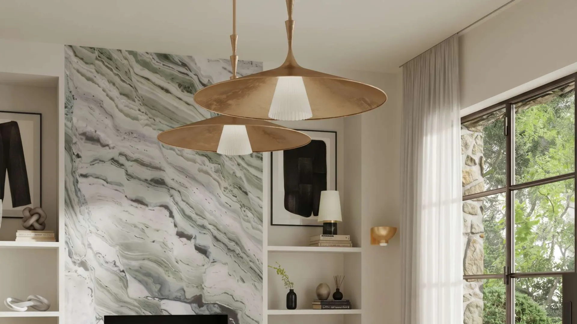 Modern dining room with beige stone table, upholstered chairs, marble accent wall, and large window with garden view.