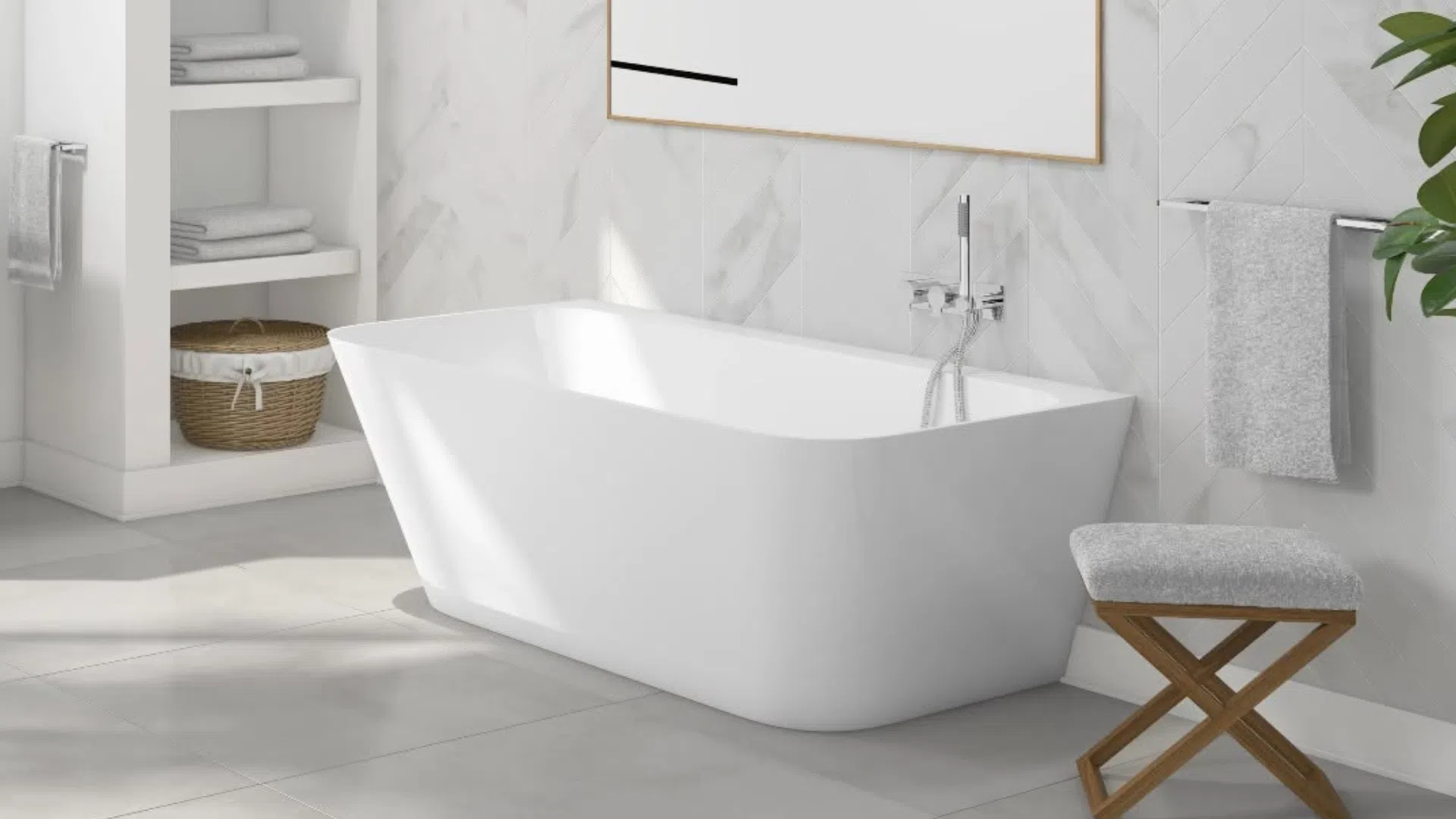Modern white freestanding bathtub in bright bathroom with gray stool, towel, and woven basket on shelves.