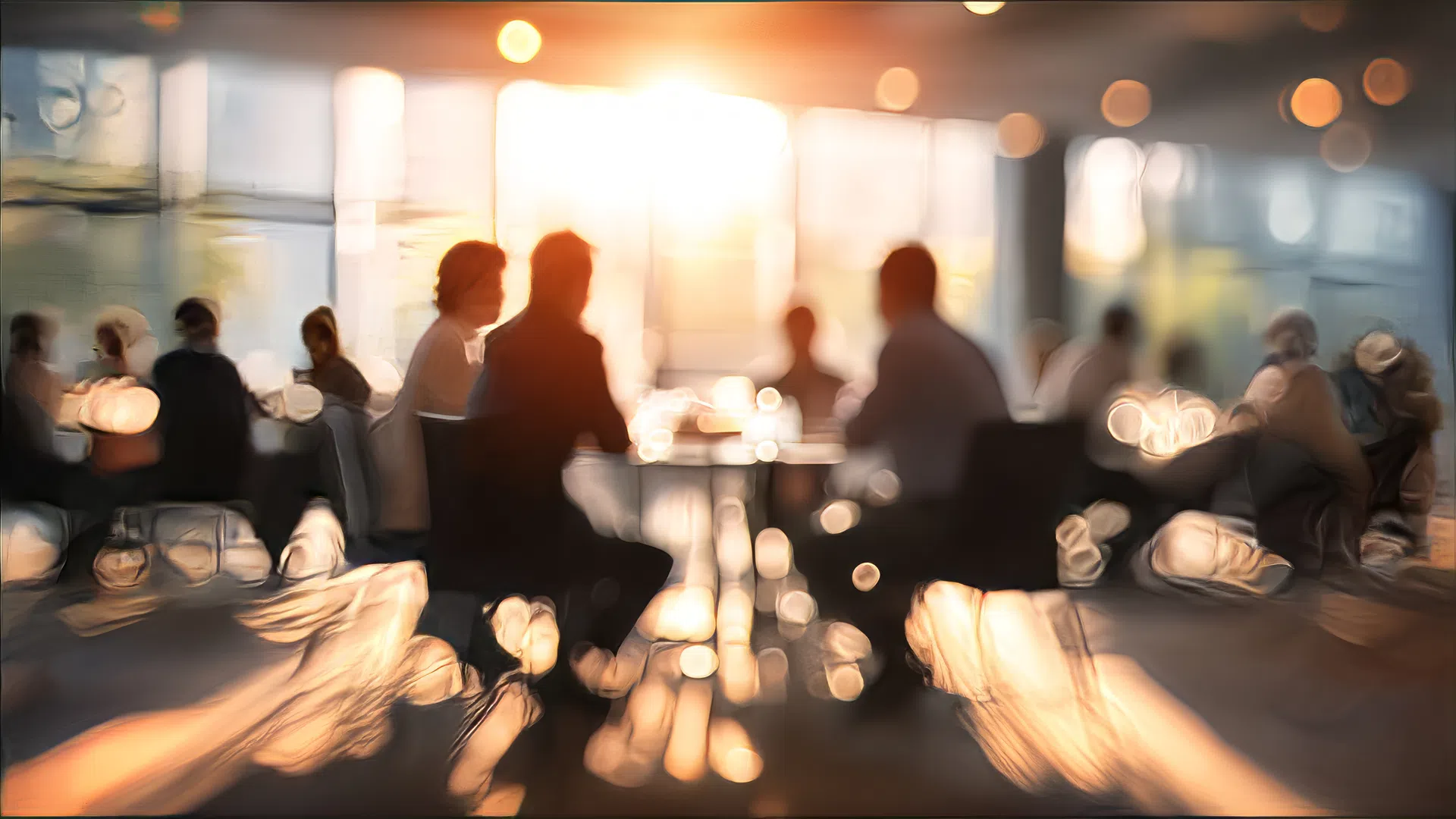 Silhouettes of people sitting and talking in a sunlit indoor space with warm lighting and blurred background.
