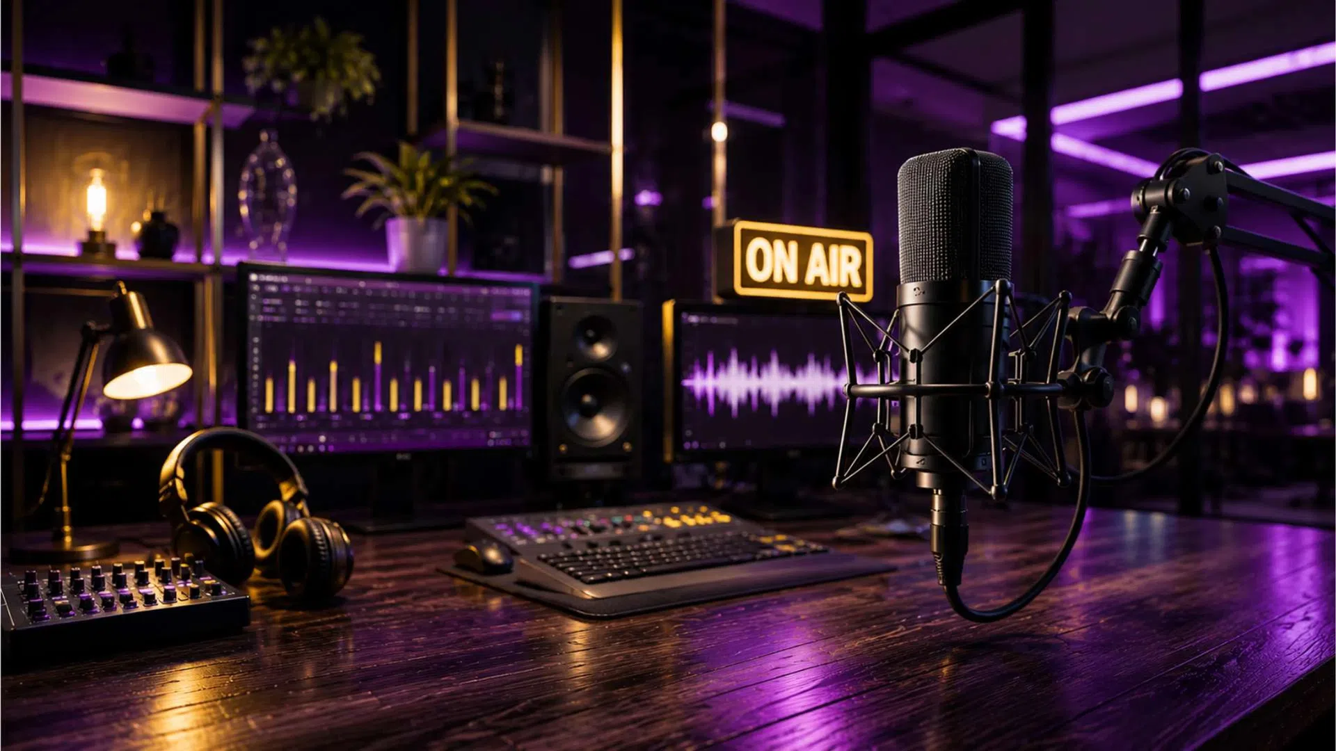 Podcast studio setup with microphone, headphones, mixing console, dual monitors, and ON AIR sign in purple lighting.