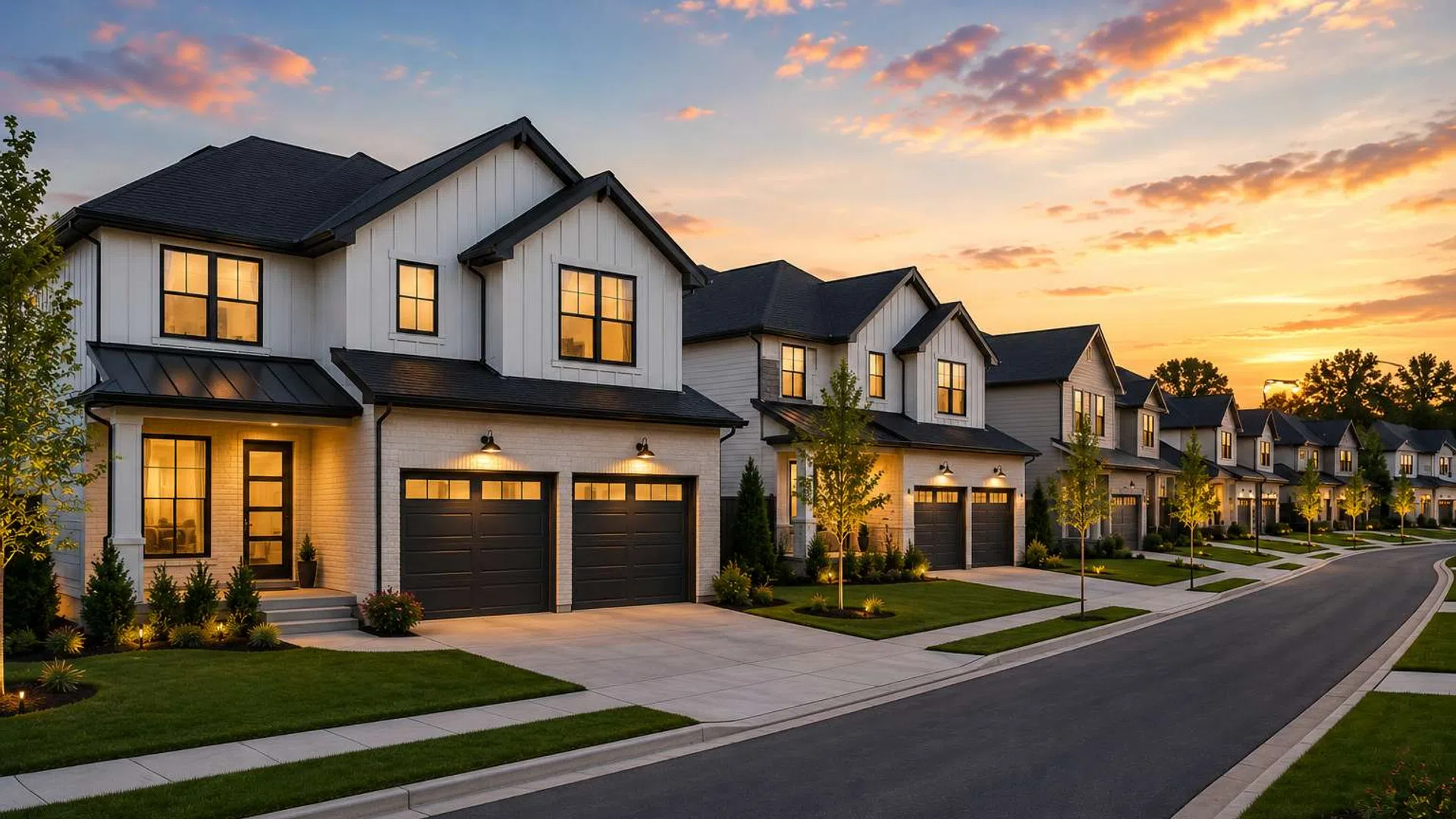 Row of modern suburban homes with garages at sunset under a colorful sky along a quiet street.