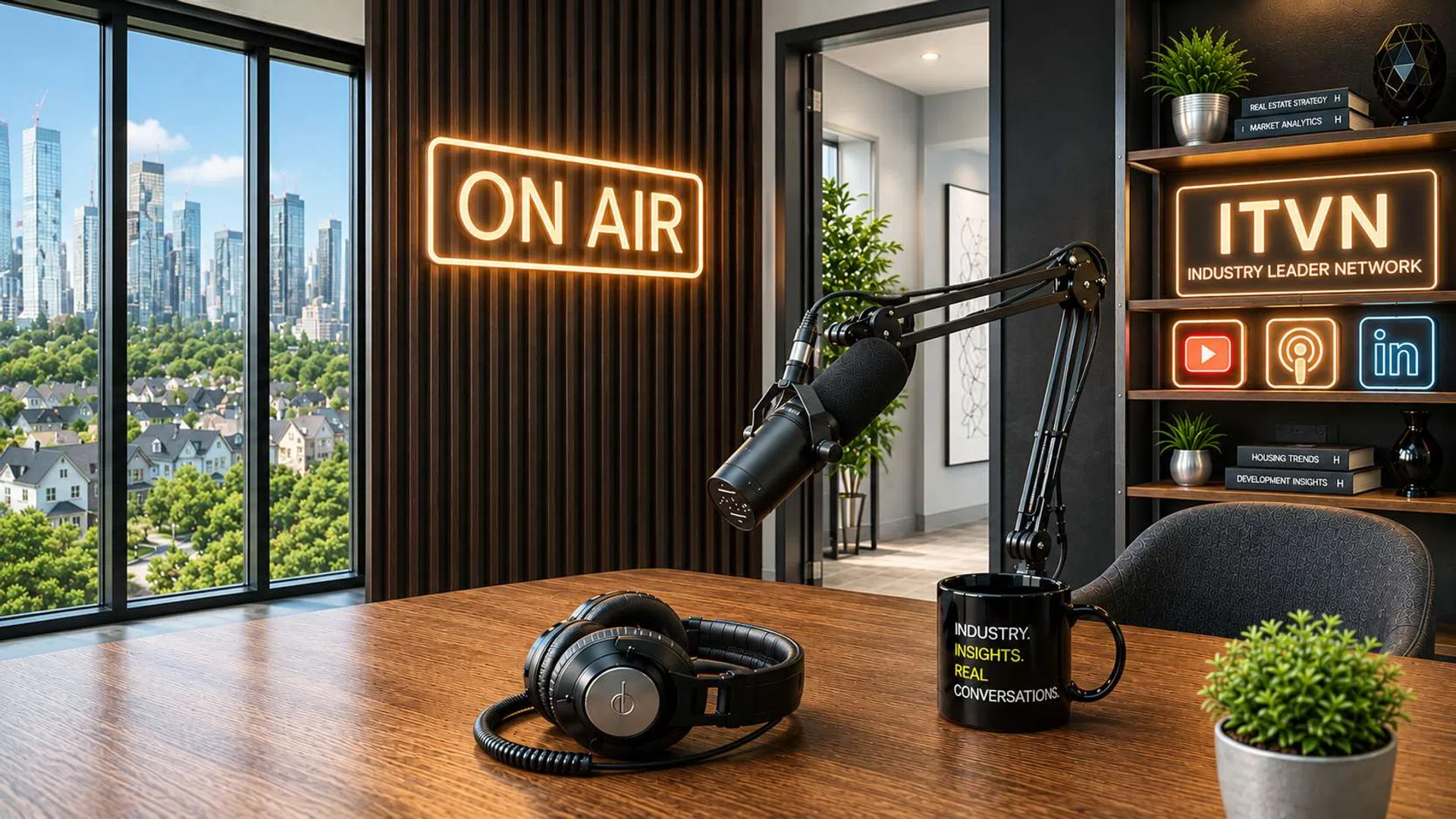 Podcast studio with microphone, headphones, ON AIR sign, and cityscape view through large windows.