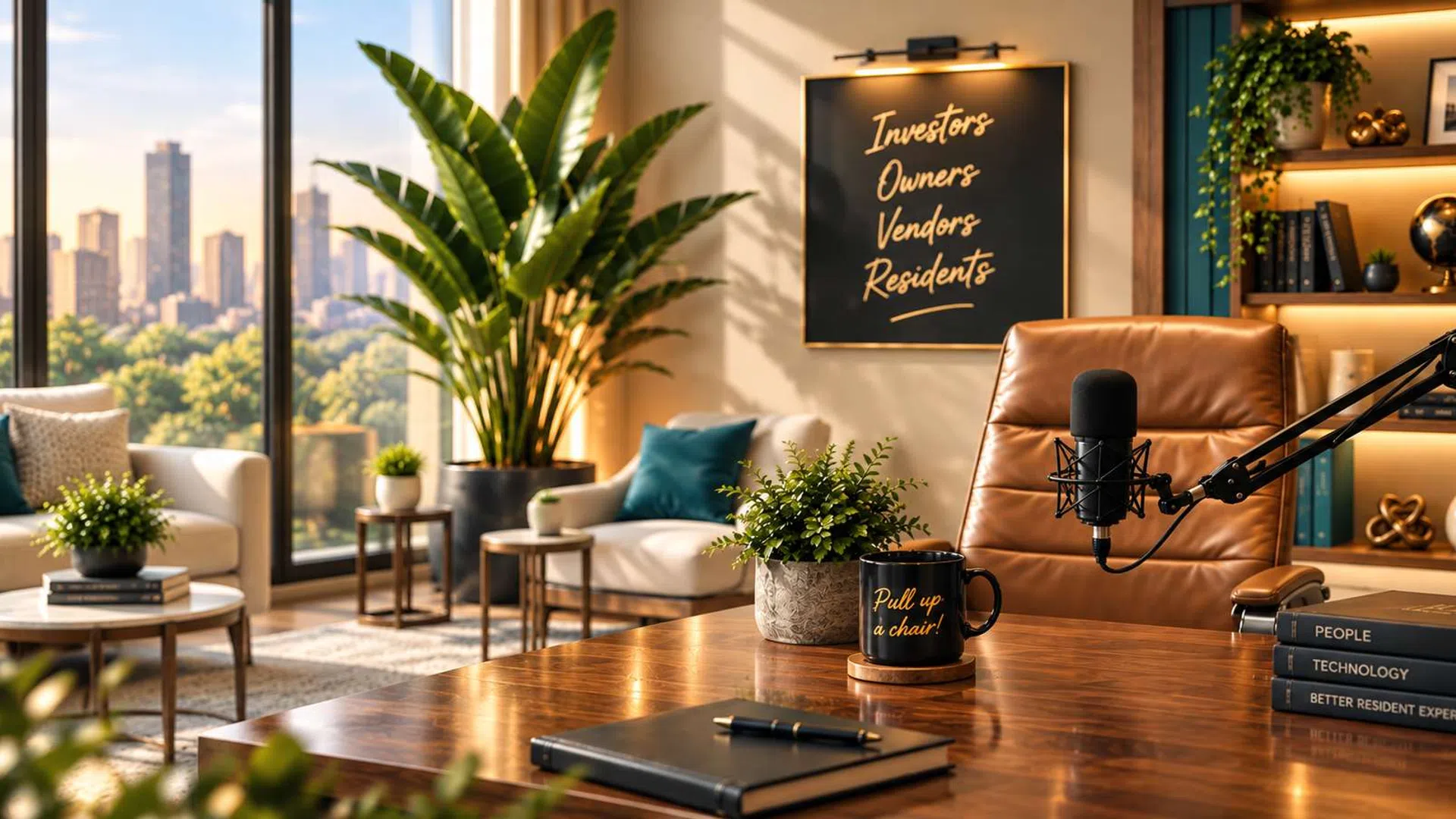 Modern office with leather chair, microphone, plants, city view, and warm natural lighting by large windows.
