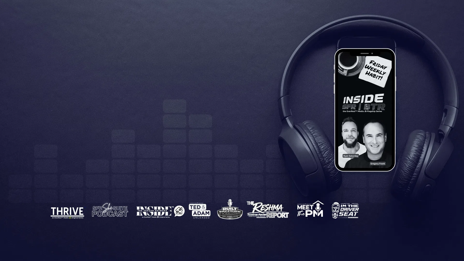 Smartphone displaying Inside BRITR podcast cover inside headphones on dark background with multiple podcast logos.