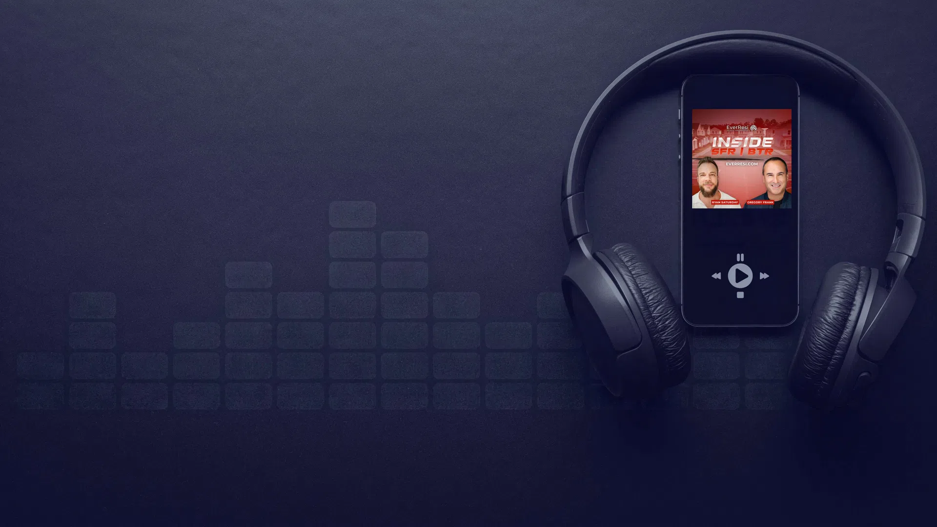 Black wireless headphones surrounding a digital music player displaying a podcast on a dark background.