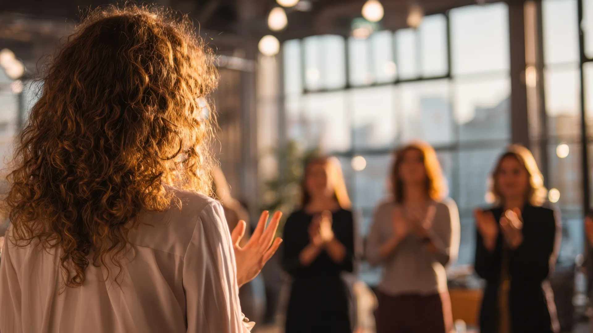 Woman with curly hair addressing and receiving applause from a group of blurred people in a bright modern office.