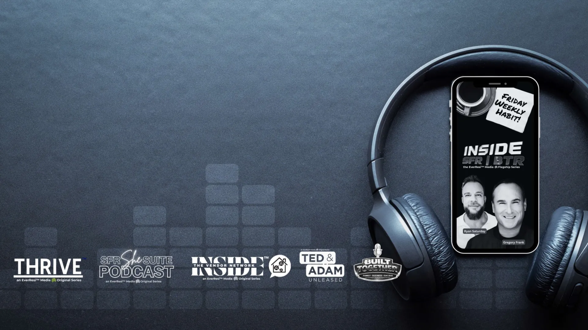 Black headphones surrounding smartphone displaying Inside Insider podcast cover with two hosts on dark textured background.