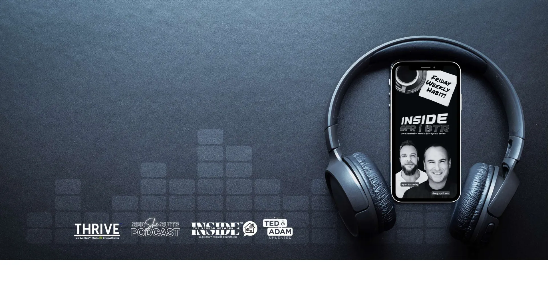 Smartphone displaying Inside Speaker podcast episode with headphones on a dark textured surface.