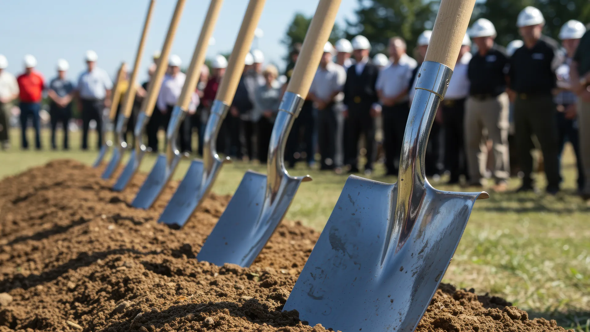 Shiny shovels lined up in soil with people wearing hard hats standing in the background at a groundbreaking event