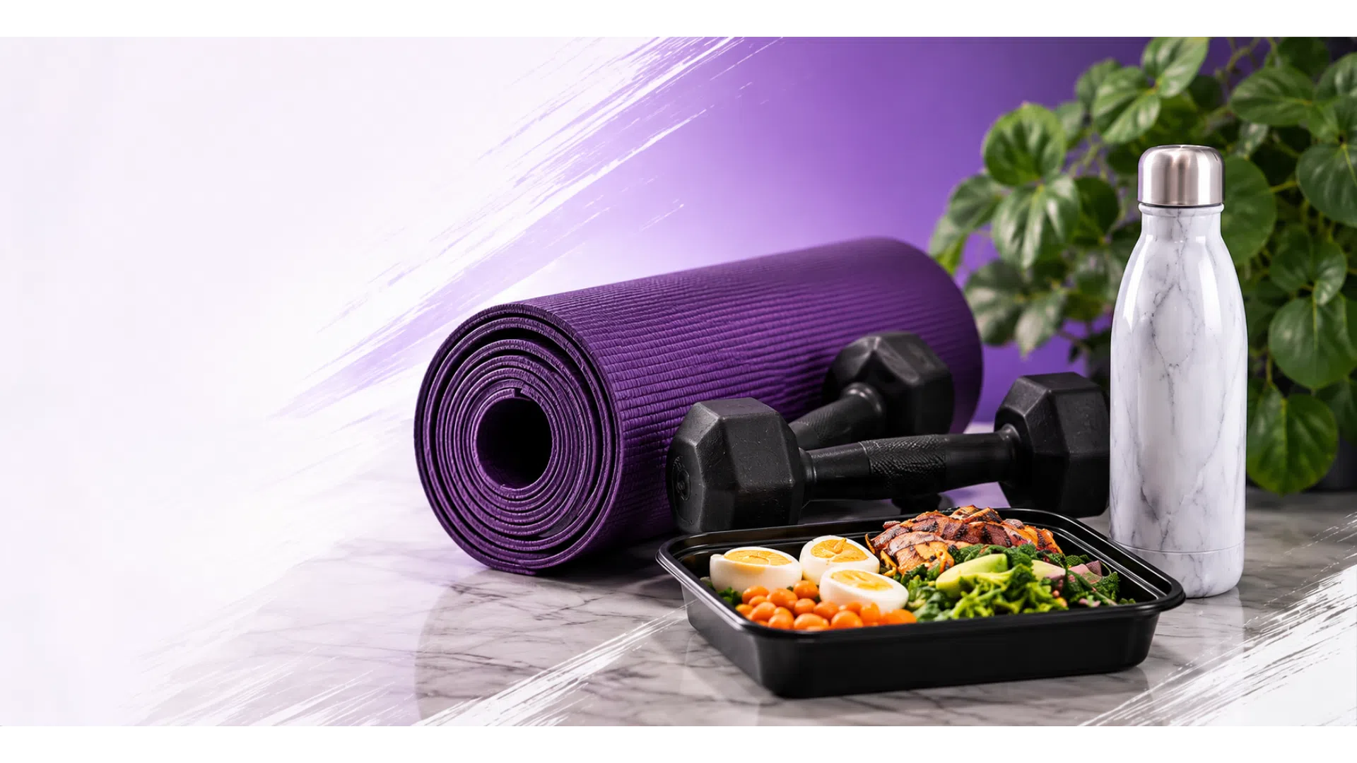Purple yoga mat, black dumbbells, healthy meal container, and stainless steel water bottle on marble surface.