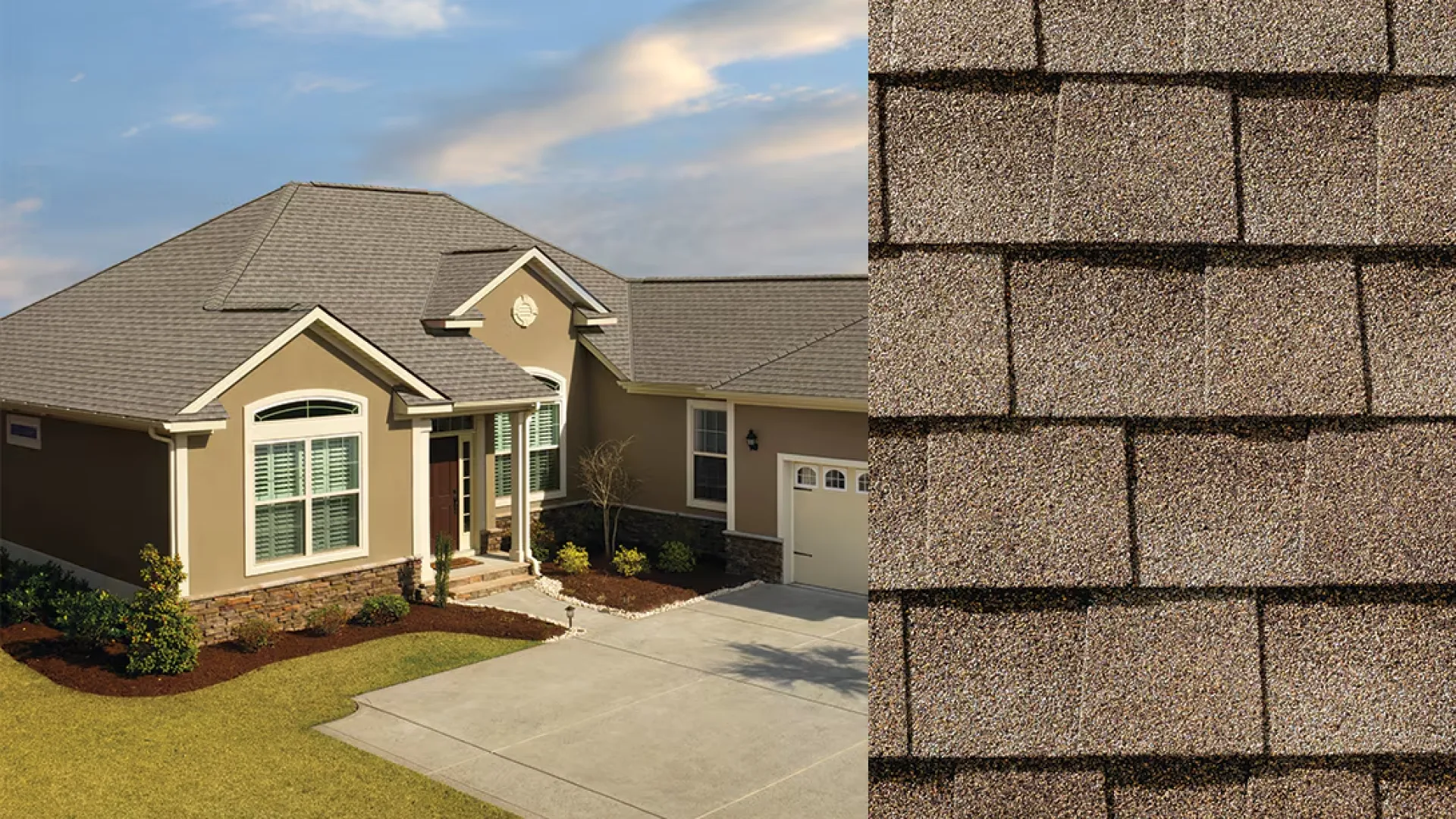 Modern beige house with grey asphalt shingle roof and detailed shingle texture close-up under blue sky.