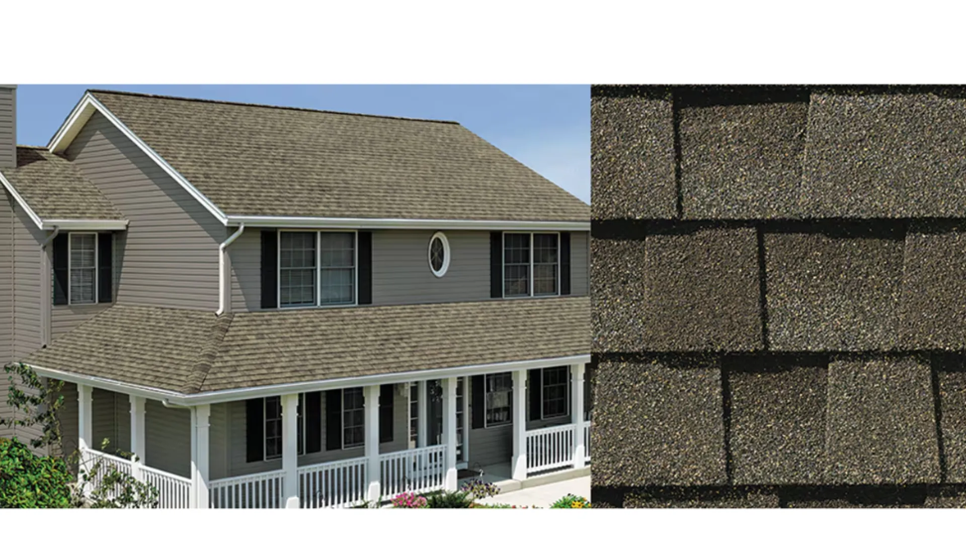 Two-story beige house with dark shutters and porch features asphalt shingle roofing close-up detail