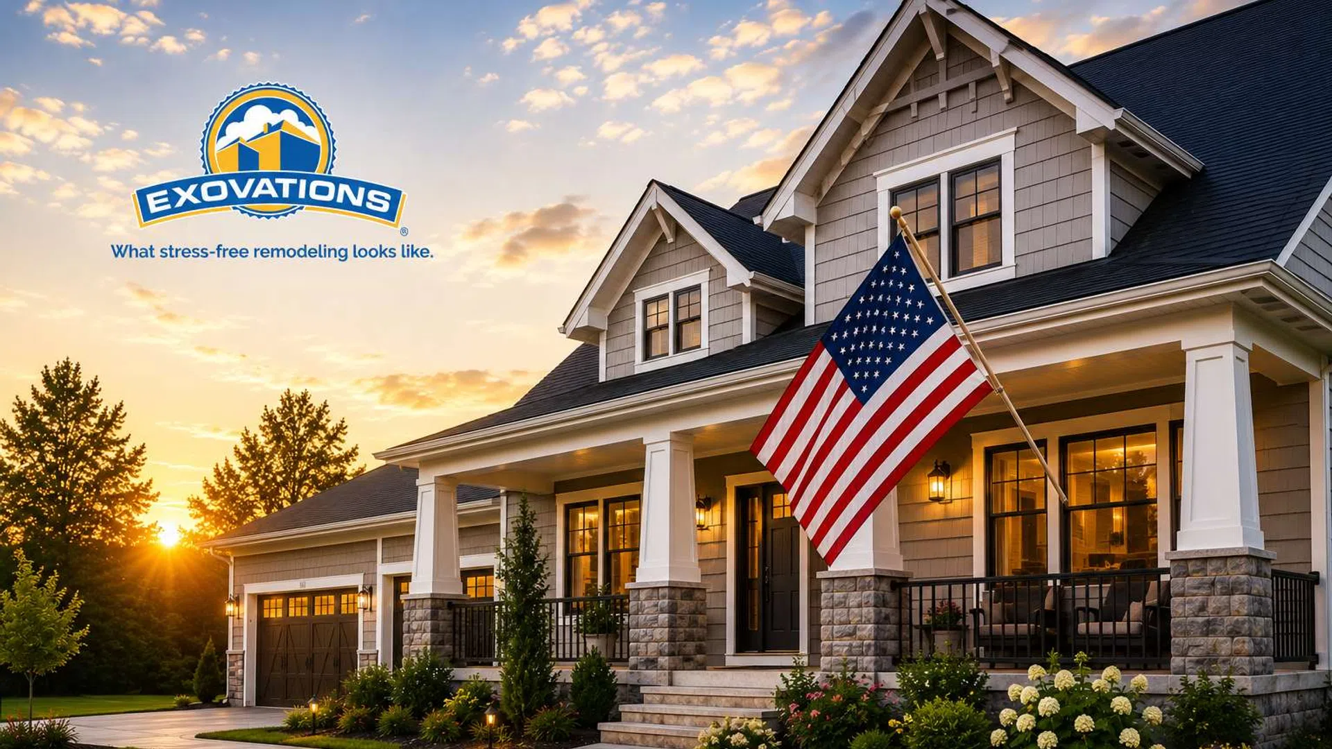 Elegant suburban home with American flag, warm sunset lighting, and Exovations remodeling logo in sky.