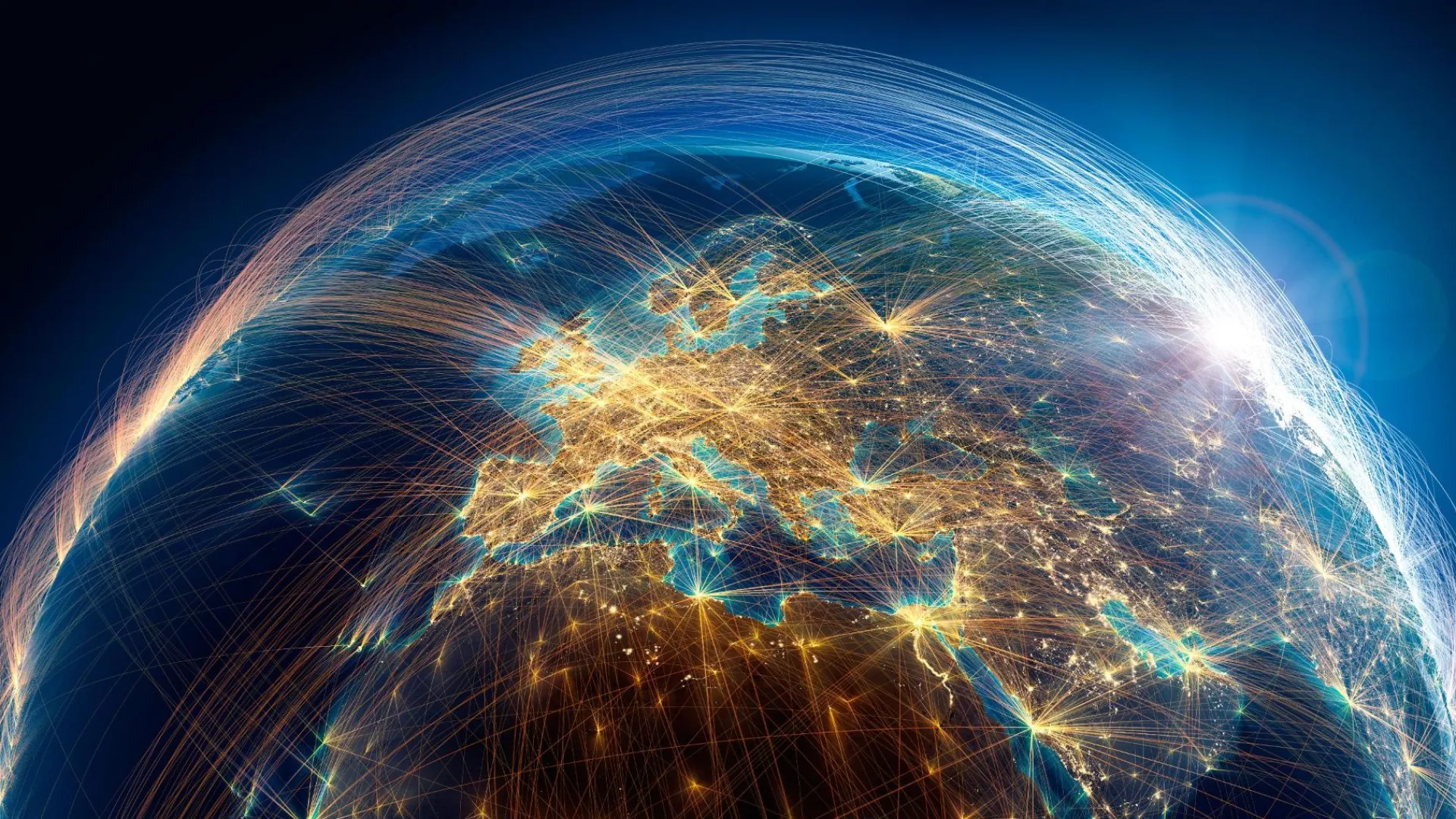 Glowing network connections across Europe, Africa, and Asia on Earth at night with bright light trails and city lights.