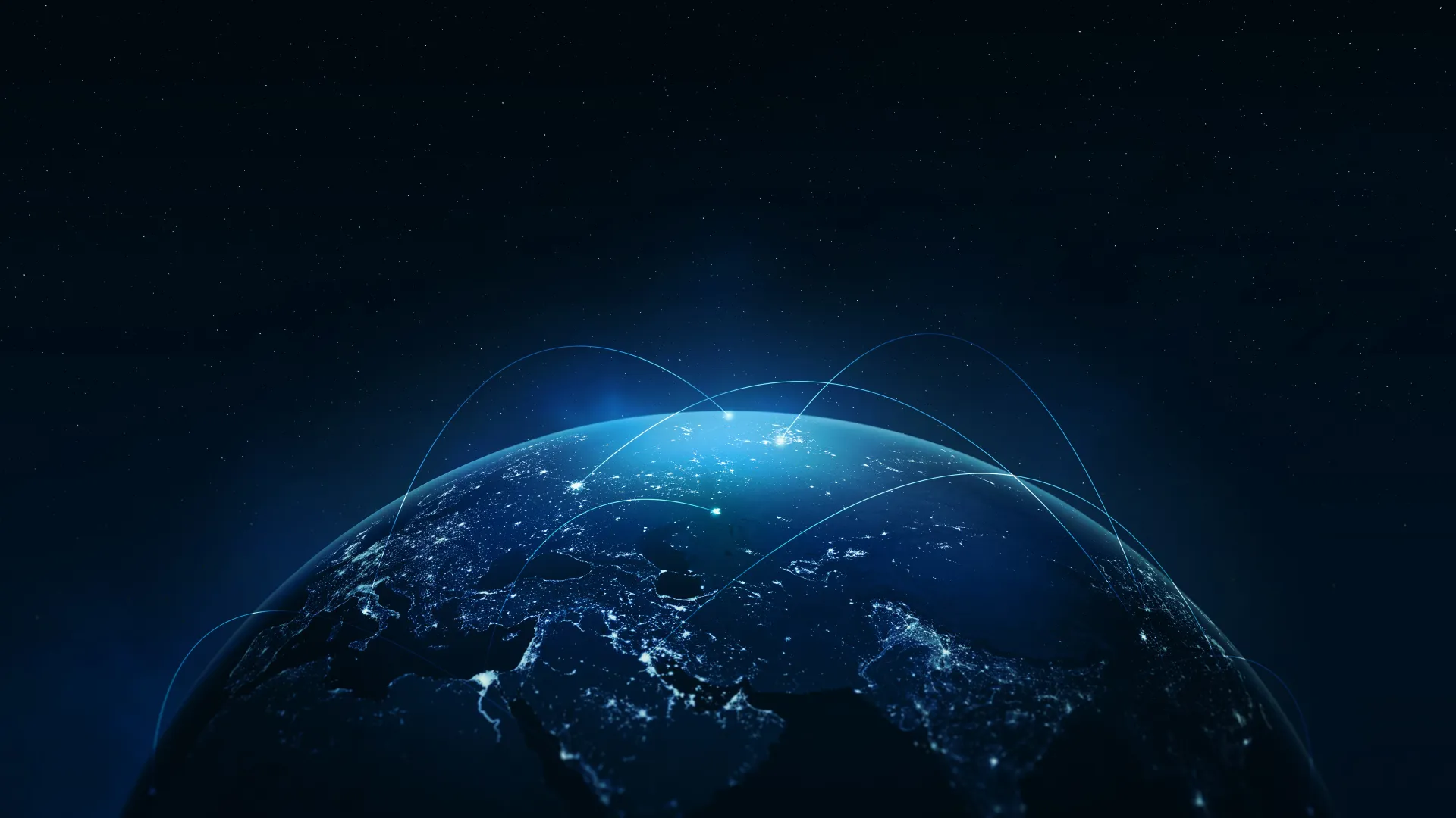 A glowing Earth with network lines, symbolizing global connectivity and technology advancement.