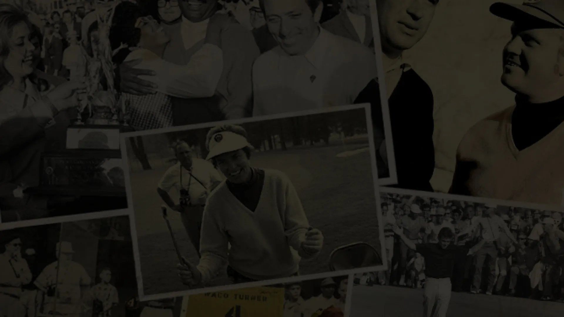 Collage of vintage black and white photos showing golfers, fans, and trophy celebrations from classic golf events.