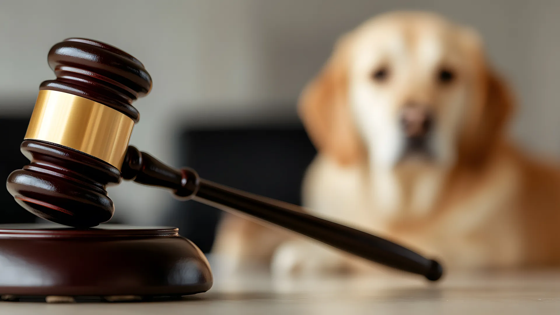Close-up of a judge's gavel on a table with a blurred golden retriever dog in the background