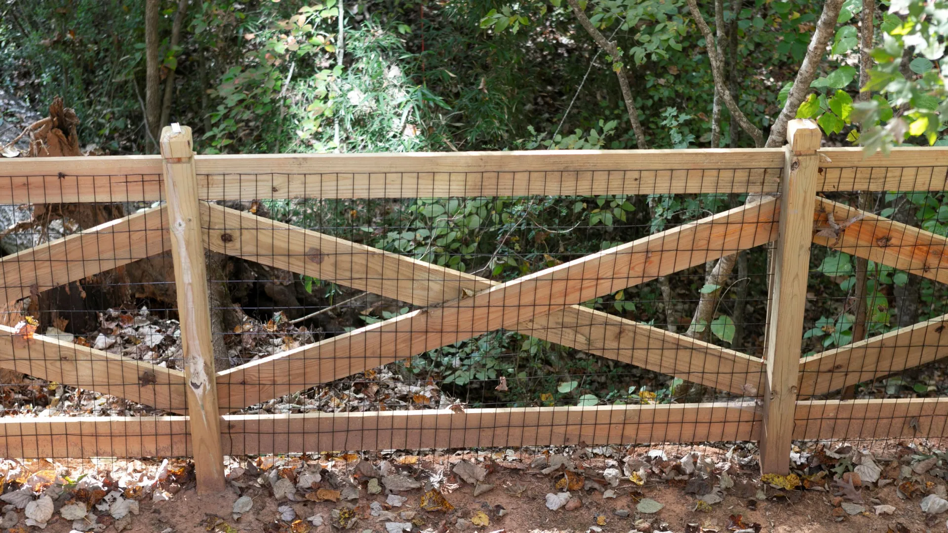 a wooden fence in a wooded area